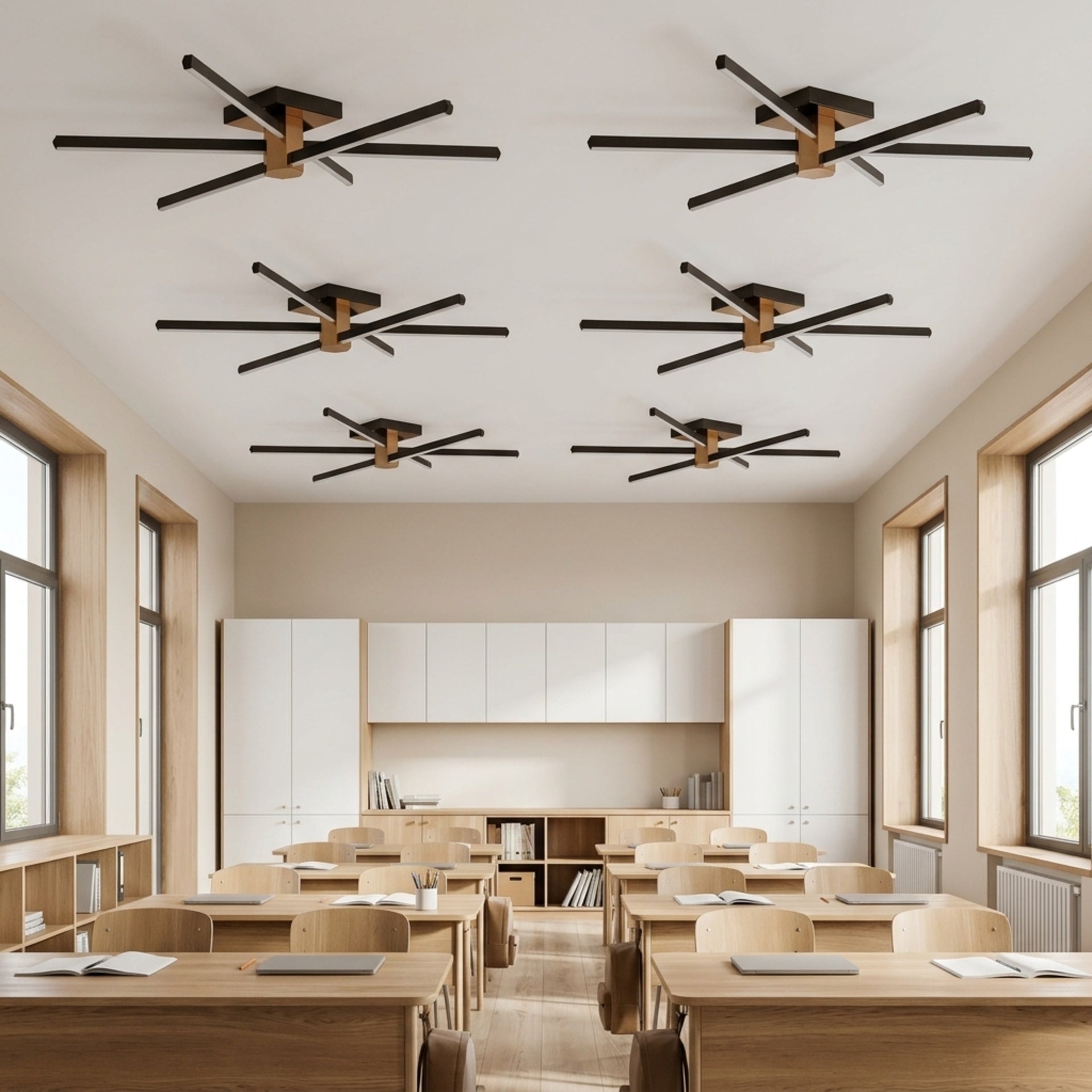 EnzoLight Nova Six Modern LED Tavan Avize Plafonyer - Lüks Yaşam Alanı İskandinav Sade Çizgilerle Gündüz Doğal Gün Işığında Tavana Montaj Görünümü