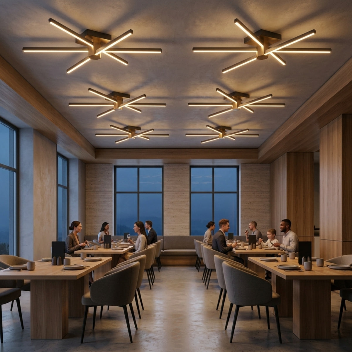 EnzoLight Nova Six Modern LED Tavan Avize Plafonyer - Lüks Yaşam Alanı Perspektif Mimari Yerleşiminde Akşam Açık Işıkla Homojen Sıcak Aydınlatma Ambiyansı