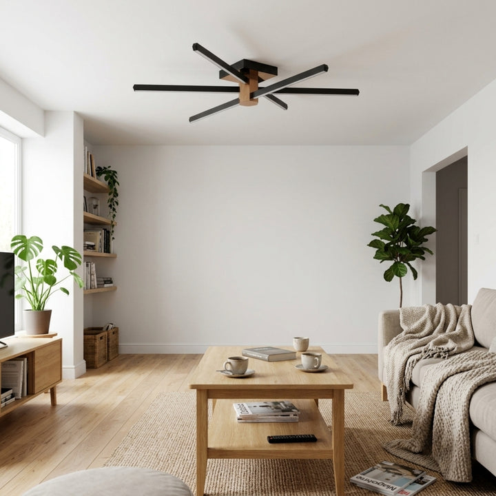 EnzoLight Nova Six Modern LED Tavan Avize Plafonyer - Lüks Salon ve Oturma Odası İskandinav Sade Çizgilerle Gündüz Doğal Gün Işığında Tavana Montaj Görünümü