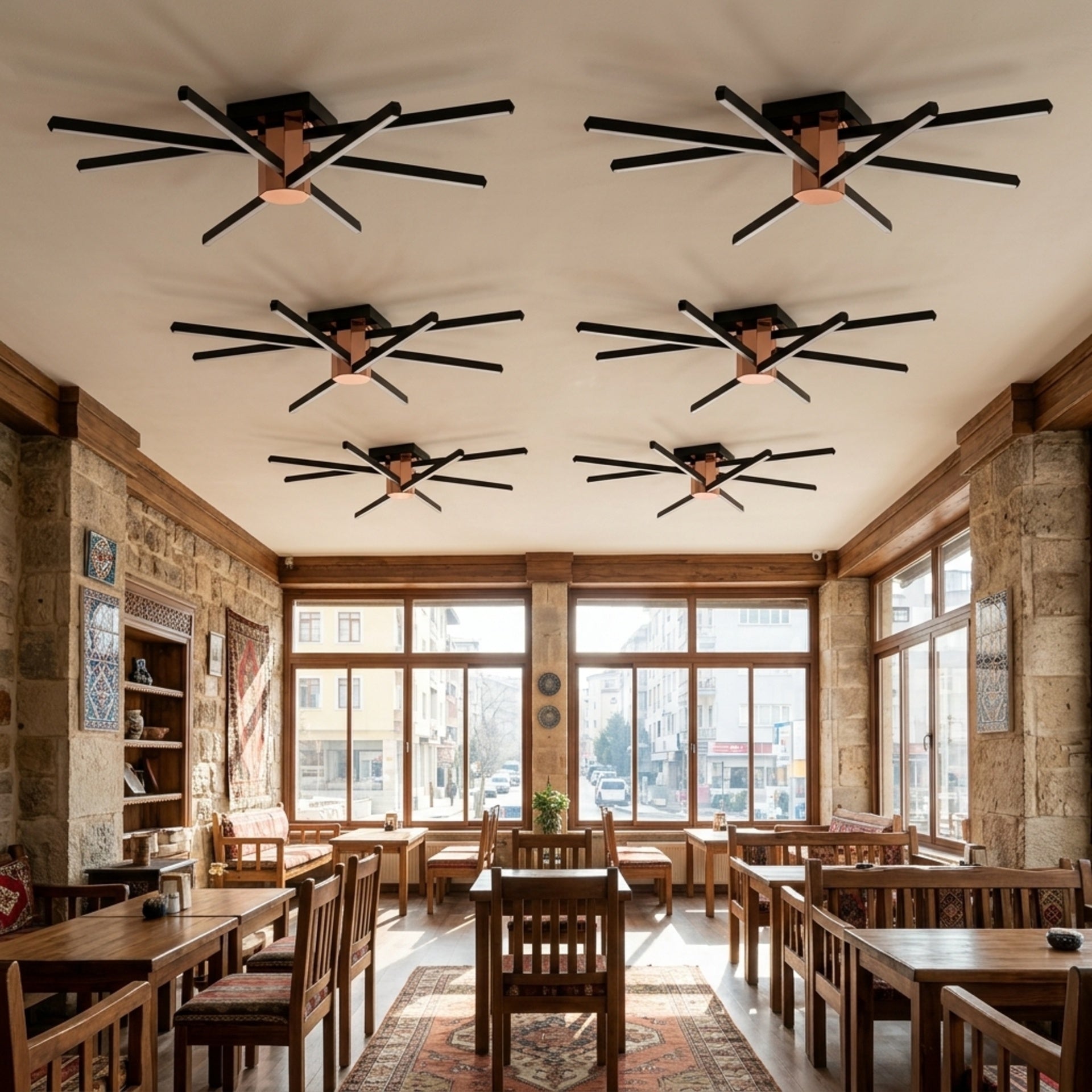 EnzoLight Nova Eight Modern LED Tavan Avize Plafonyer - Cafe, Bar ve Restoran Masası Çağdaş İç Mimari Tasarımında Gündüz Doğal Gün Işığında Tavana Montaj Görünümü
