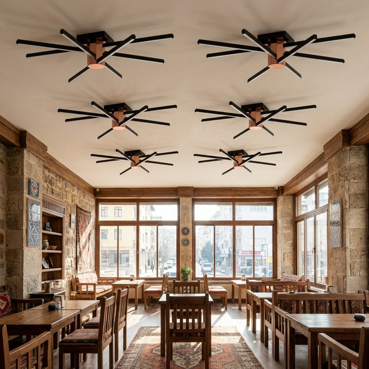 EnzoLight Nova Eight Modern LED Tavan Avize Plafonyer - Cafe, Bar ve Restoran Masası Çağdaş İç Mimari Tasarımında Gündüz Doğal Gün Işığında Tavana Montaj Görünümü