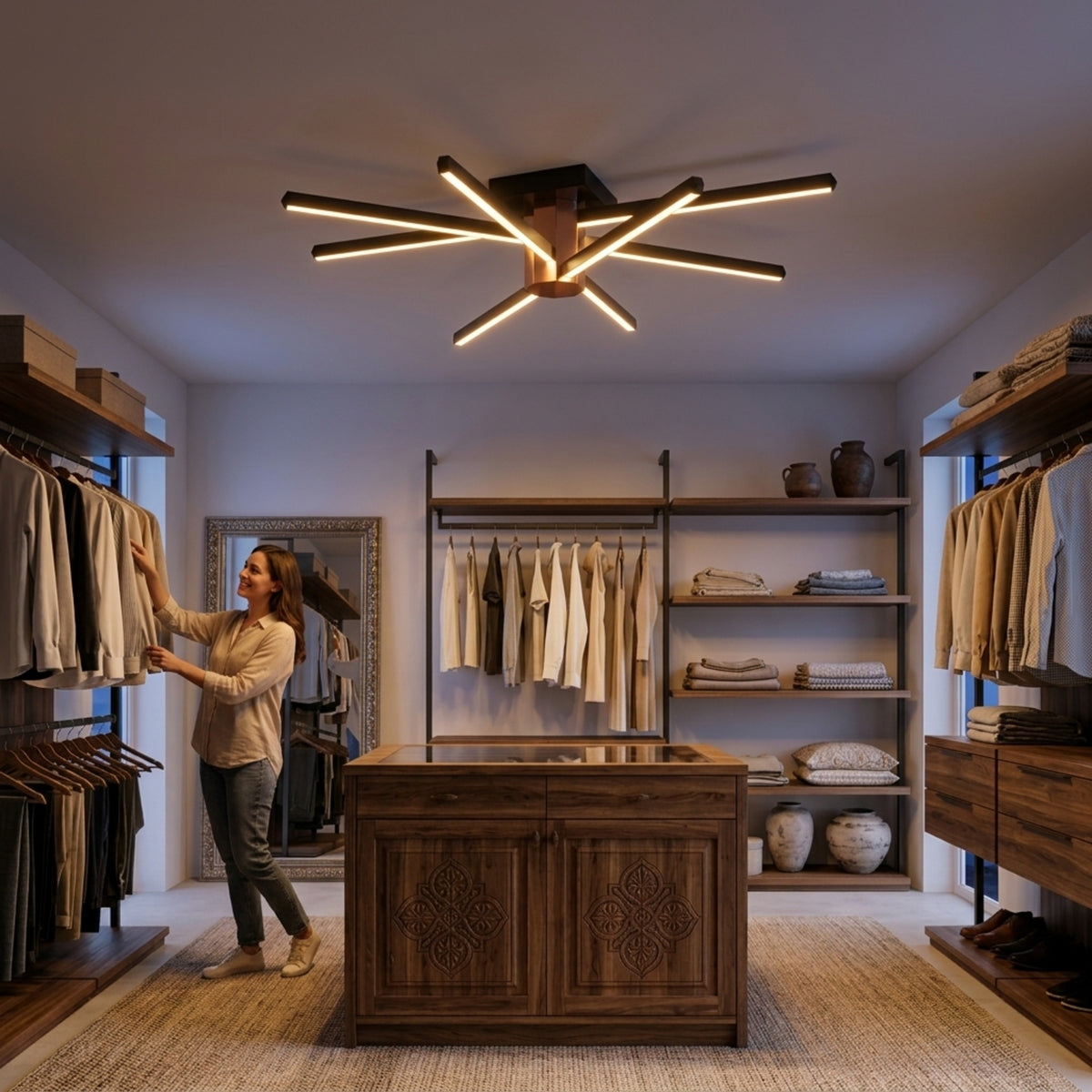 EnzoLight Nova Eight Modern LED Tavan Avize Plafonyer - Giyinme Odası ve Gardırop Alanı Çağdaş İç Mimari Tasarımında Akşam Açık Işıkla Homojen Sıcak Aydınlatma Ambiyansı
