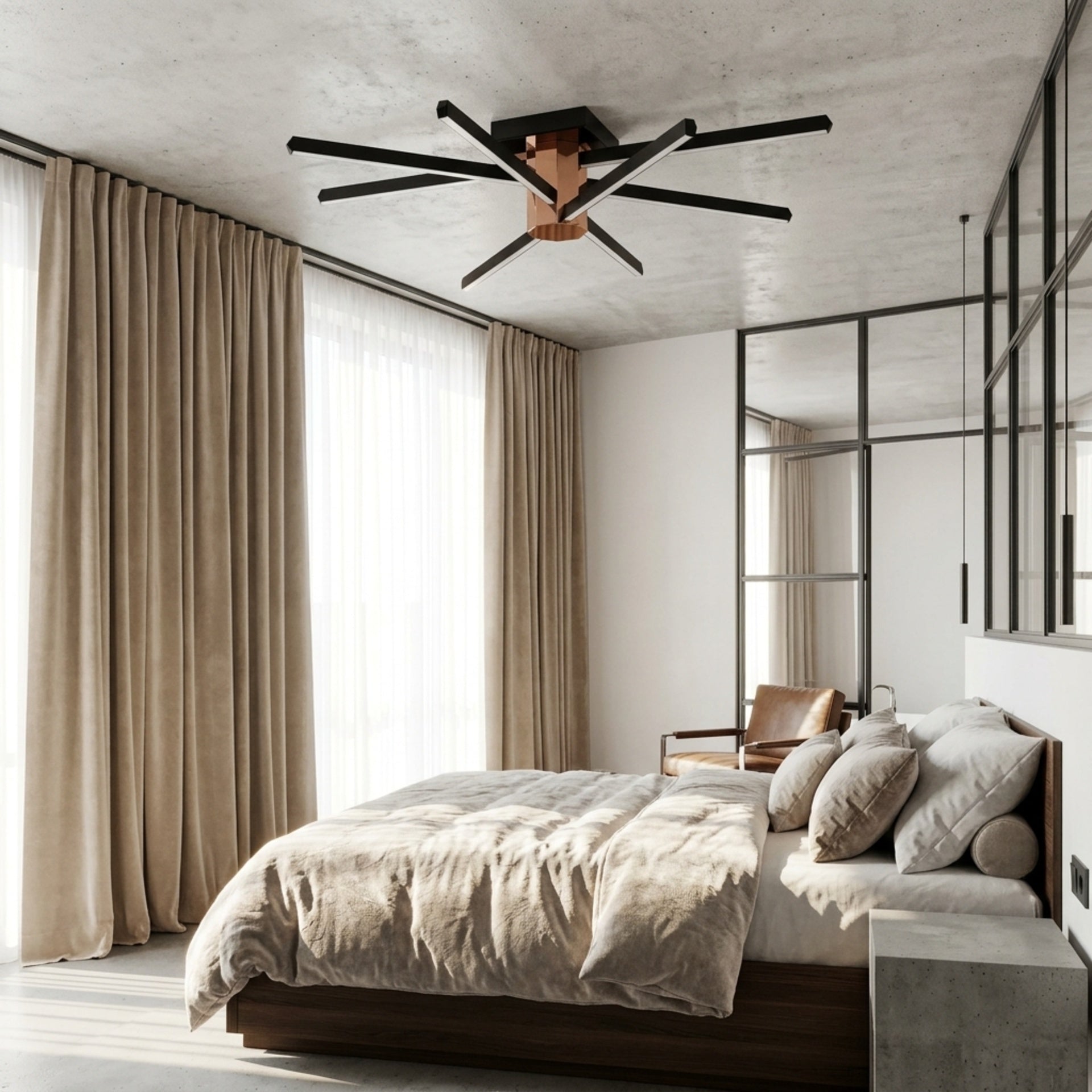 EnzoLight Nova Eight Modern LED Tavan Avize Plafonyer - Lüks Yaşam Alanı Modern Mimari Çizgilerle Gündüz Doğal Gün Işığında Tavana Montaj Görünümü