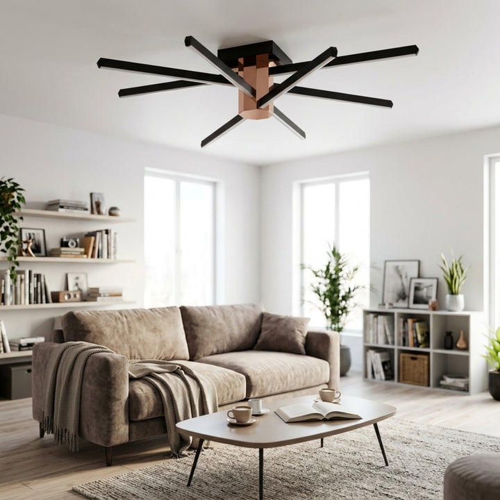 EnzoLight Nova Eight Modern LED Tavan Avize Plafonyer - Lüks Salon ve Oturma Odası Modern Mimari Çizgilerle Gündüz Doğal Gün Işığında Tavana Montaj Görünümü