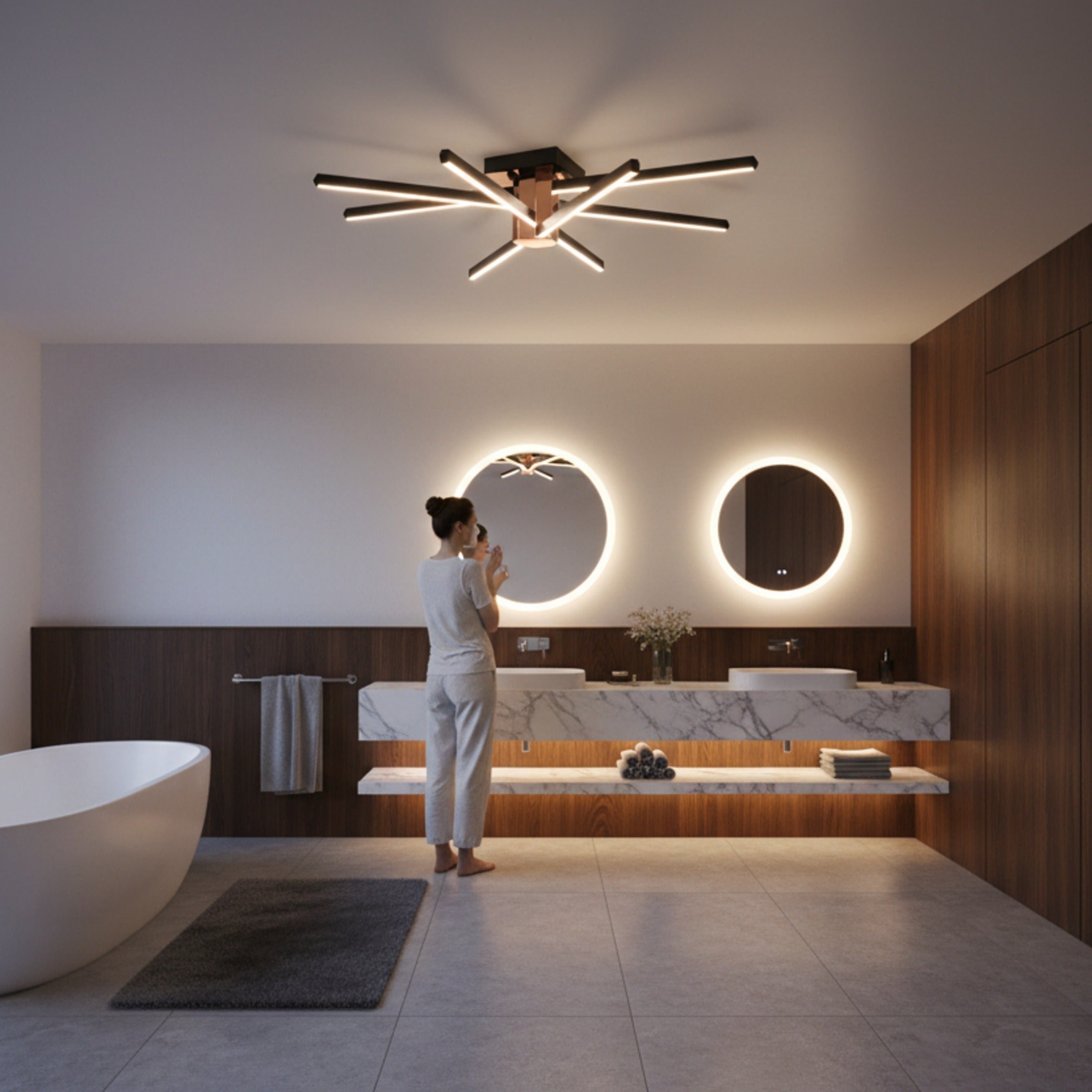 Enzo Light Nova Eight banyo tavan lambası modern banyo dekorasyonunda şık bir duruş sergiliyor.
