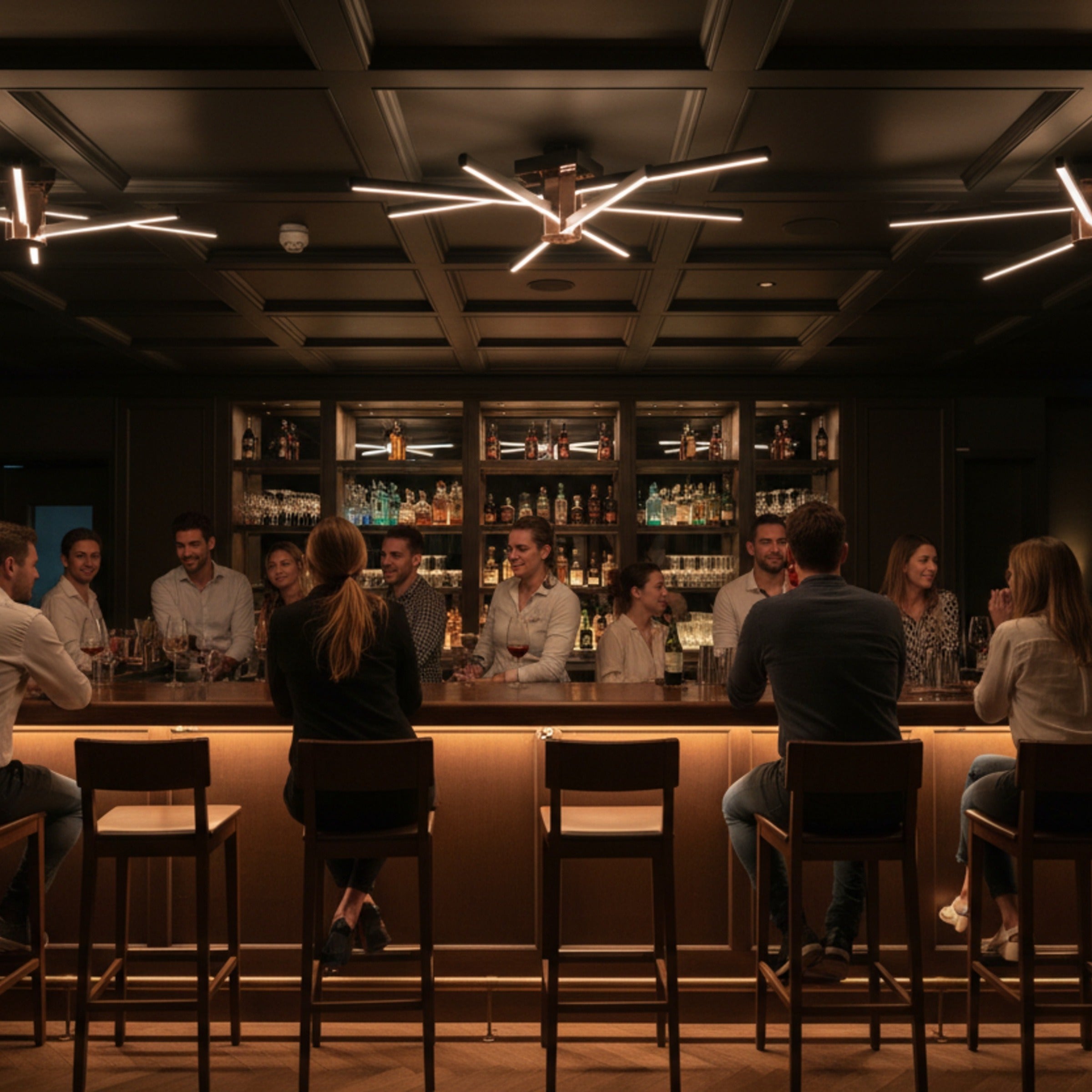 Bar ortamında müşterilerin üzerinde asılı Nova Eight sekiz kollu lüks tavan aydınlatması