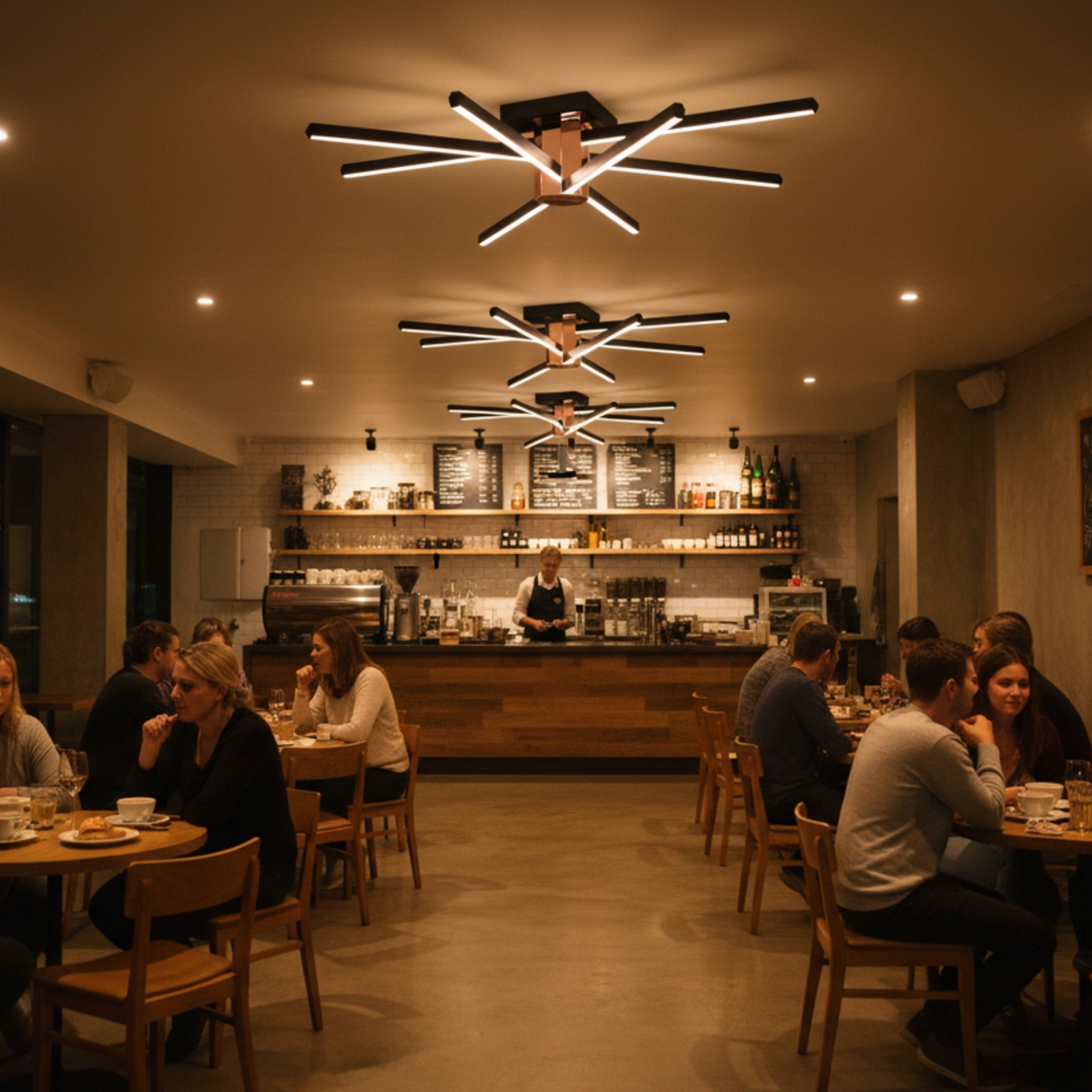 Nova Eight 8 kollu tavan lambası ile dekore edilmiş modern ve kalabalık bir cafe iç mekanı.