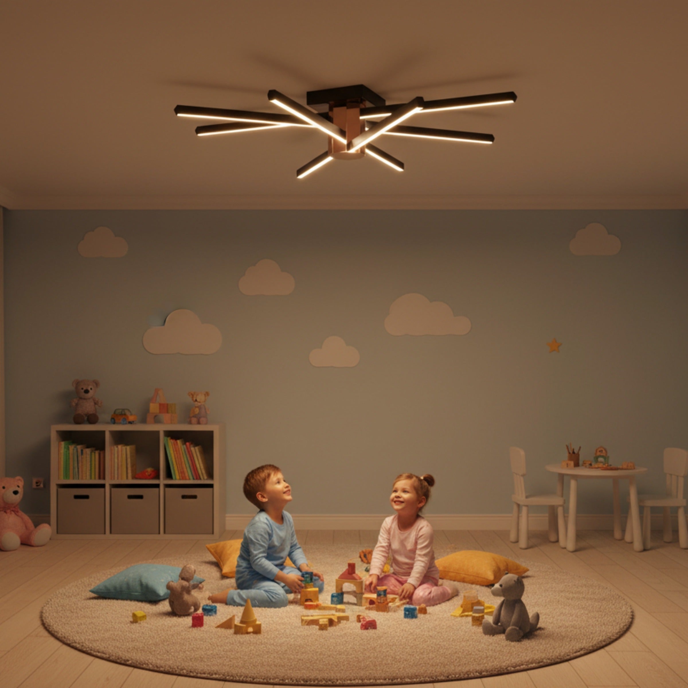 Nova Eight çocuk odası tavan lambası altında halıda oyun oynayan iki çocuk ve loş atmosfer