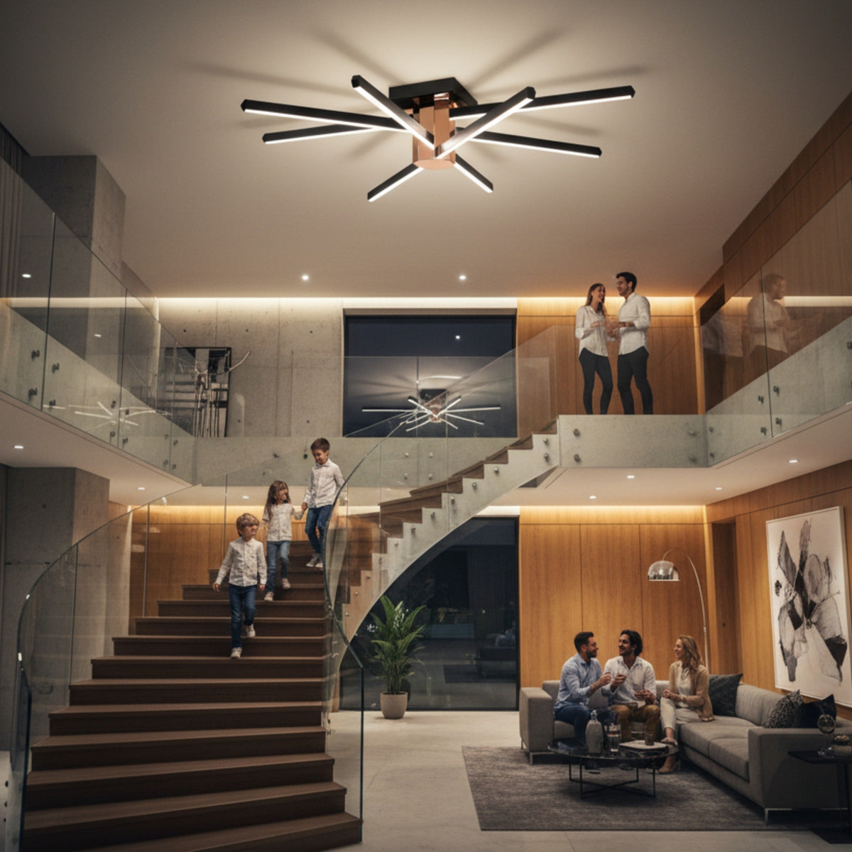 Galeri boşluğu merdiven alanında Nova Eight 8 kollu tavan lambasının görkemli aydınlatması.