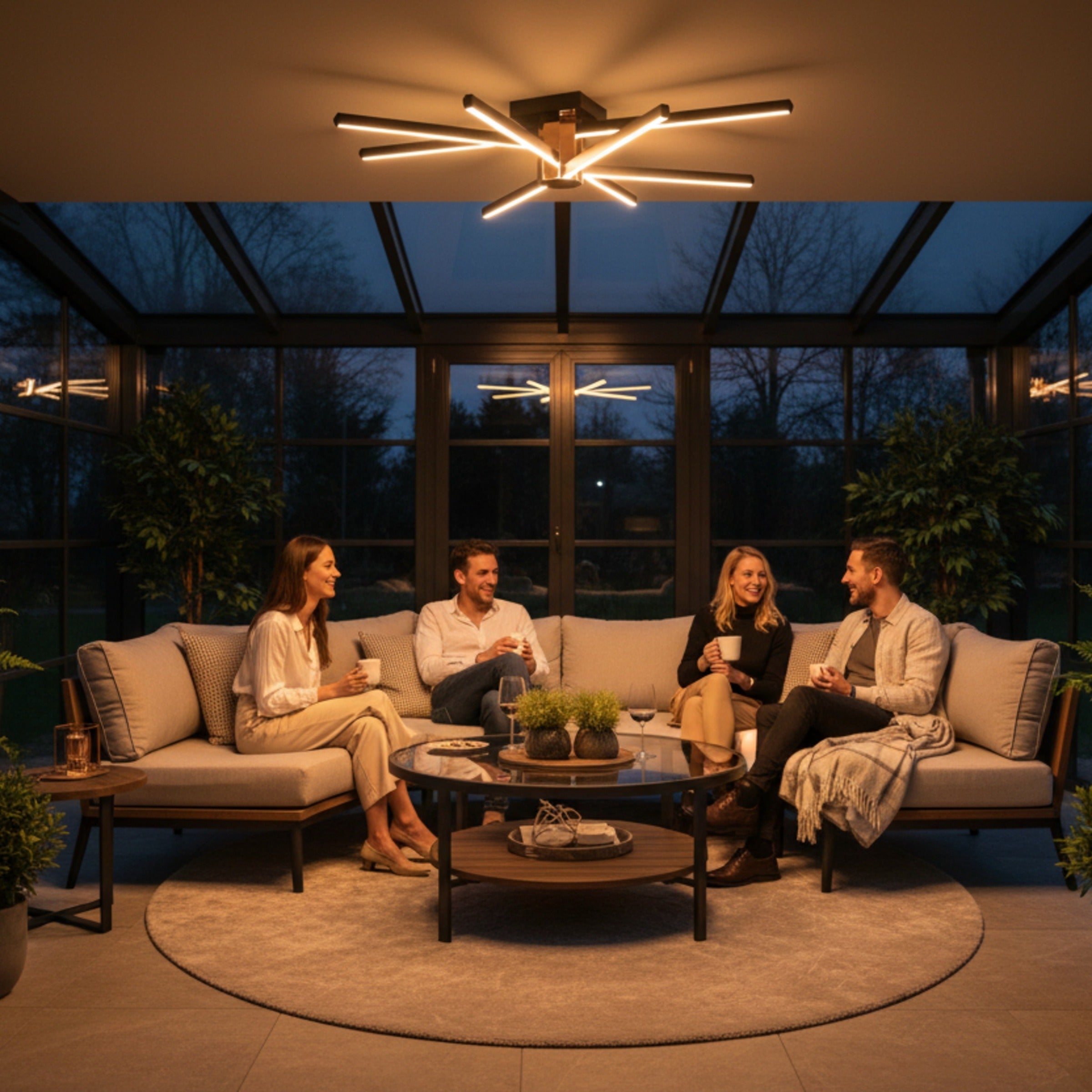 Nova Eight kış bahçesi tavan lambası ile cam tavanlı lüks oturma alanı aydınlatması.