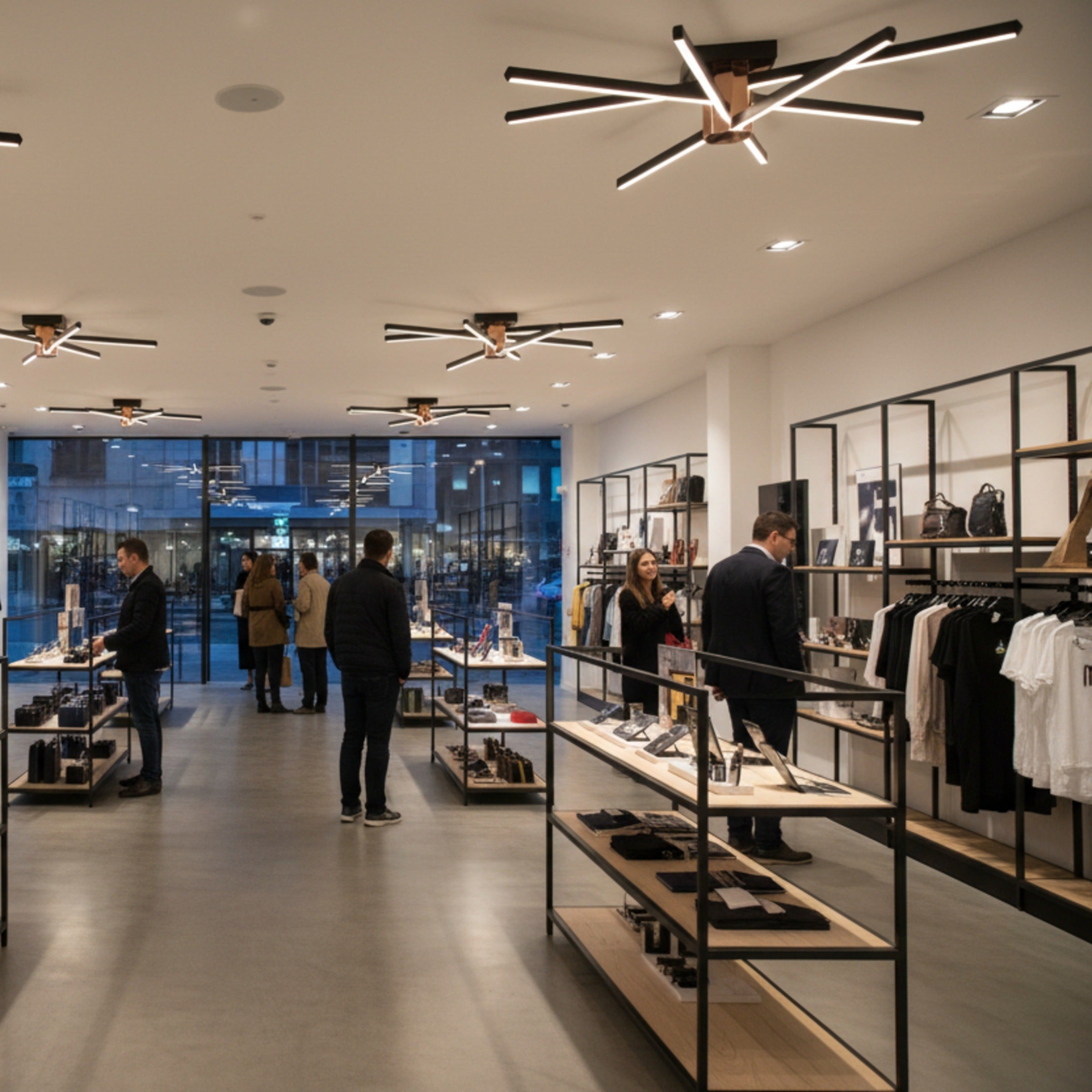 Lüks giyim mağazasında Nova Eight modern tavan lambası ile ferah aydınlatma atmosferi.