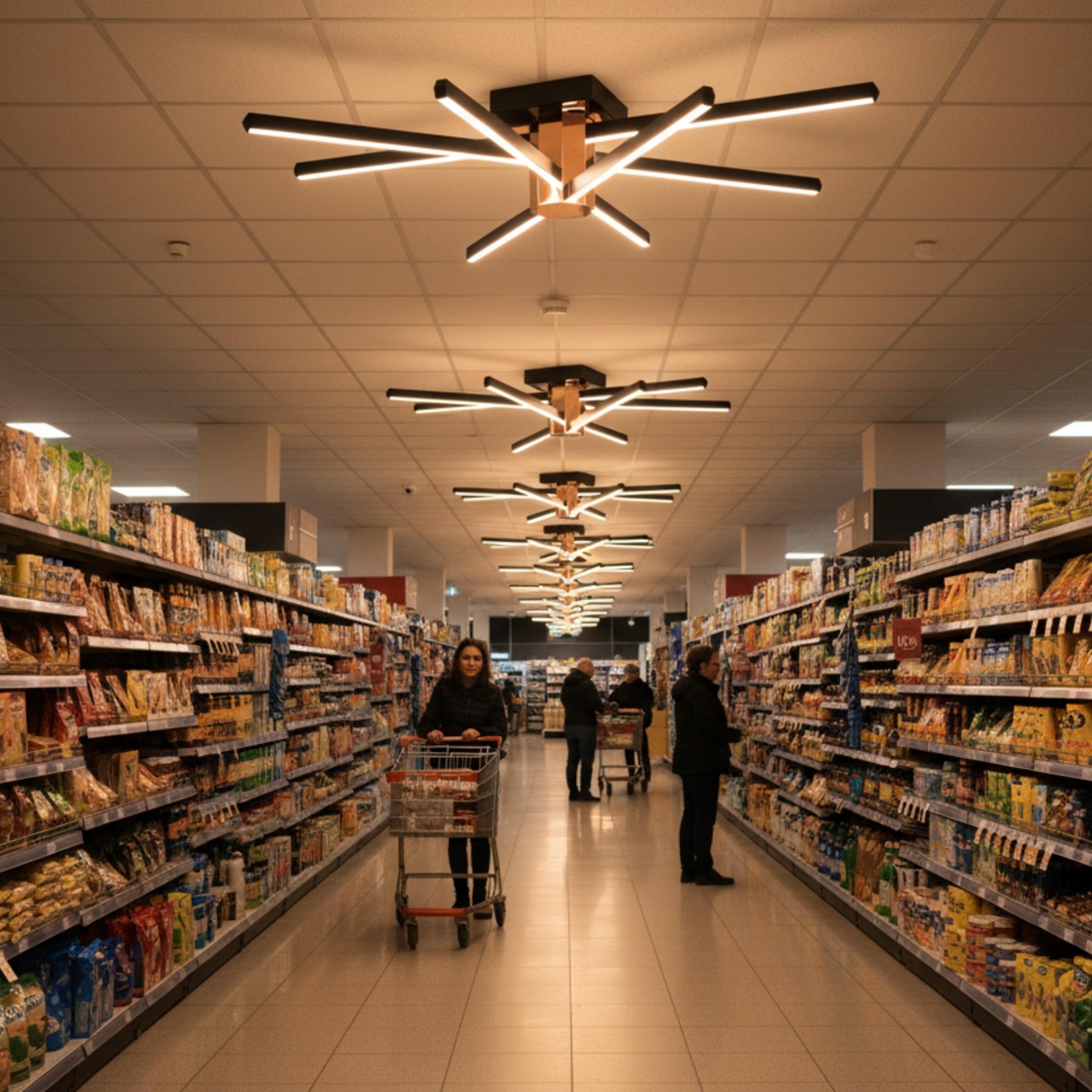 Market reyonları üzerinde homojen ışık dağılımı sağlayan 8 kollu modern plafonyer avize.