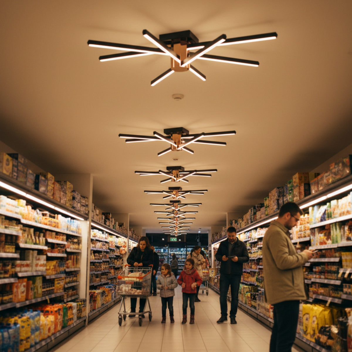 Uzun koridorlu bir markette tavana monte edilmiş Nova Eight led aydınlatma sistemleri.