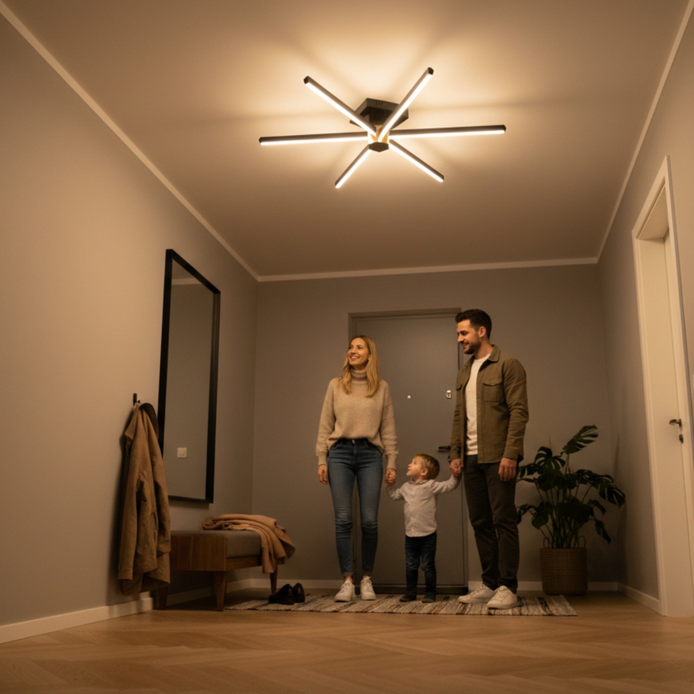 Modern bir hol girişinde mutlu aile tablosu altında ışıldayan altı kollu Nova Six plafonyer tavan aydınlatması.