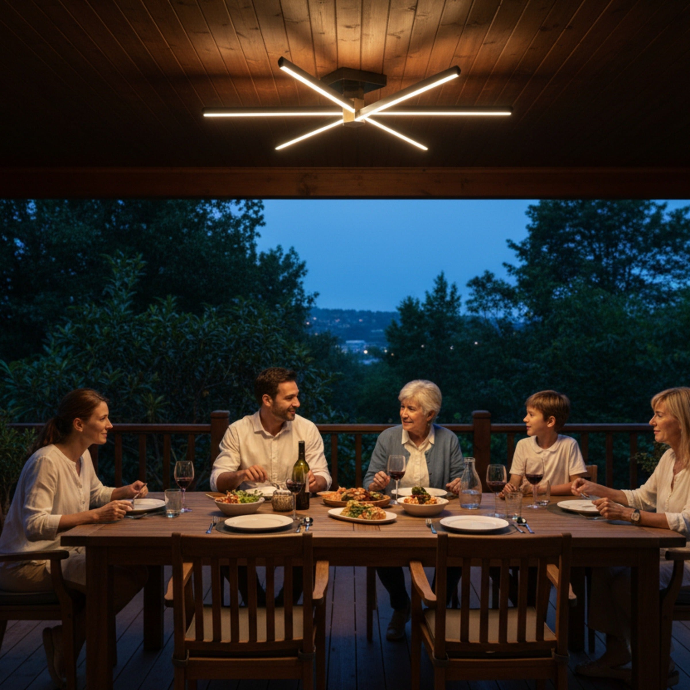Ahşap tavanlı lüks bir pergole altında akşam yemeği yiyen aileye eşlik eden Nova Six modern aydınlatmanın sıcak atmosferi.