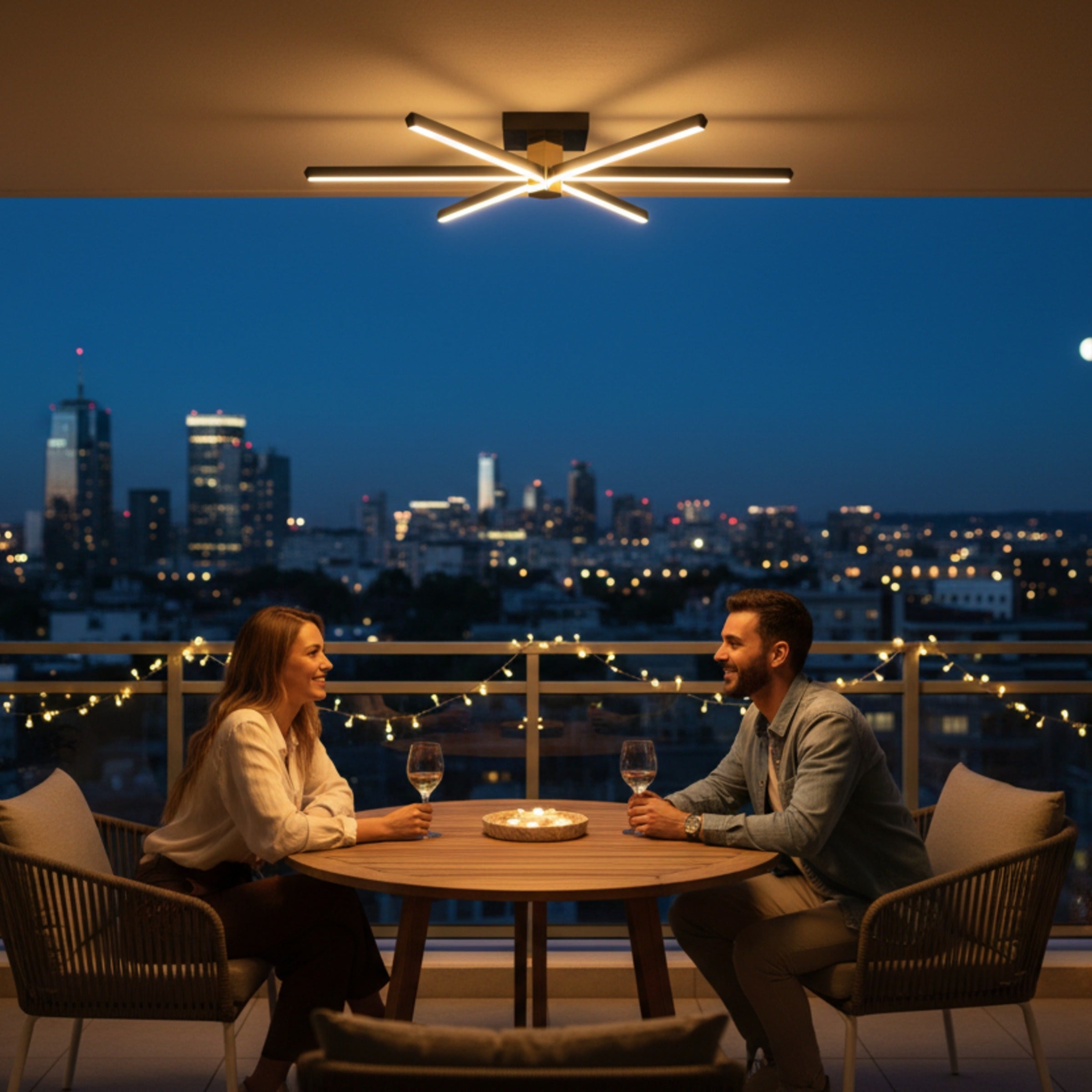 Şehir manzaralı modern bir terasın pergole alanı altında Nova Six led aydınlatma ile yaratılan romantik akşam yemeği ambiyansı.
