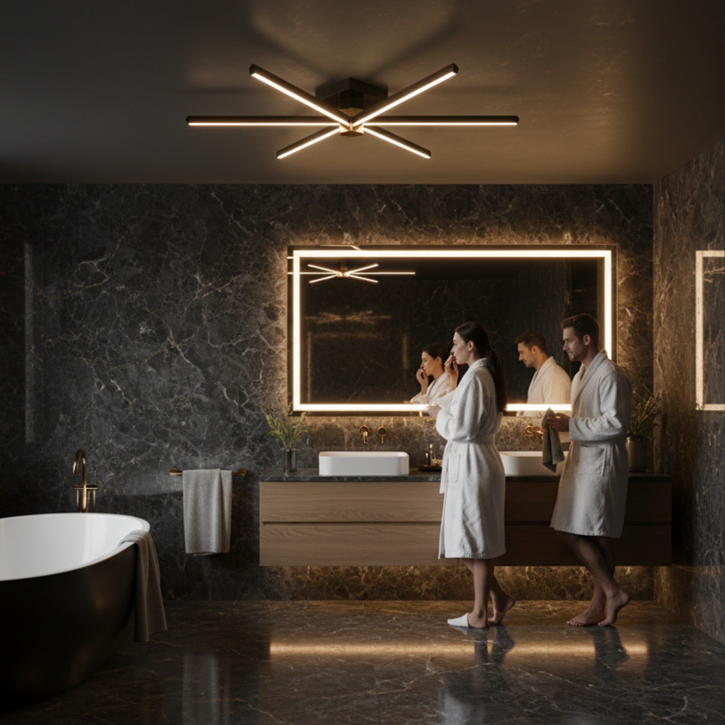 Lüks mermer banyo içerisinde aynada hazırlanan çift ve tavanda yer alan Nova Six 6 kollu siyah modern plafonyer aydınlatma sistemi.