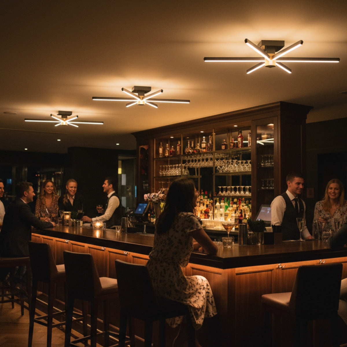 Şık bir barın tavanında konumlanan Nova Six radyal bar aydınlatması ile yaratılan lüks gece atmosferi.