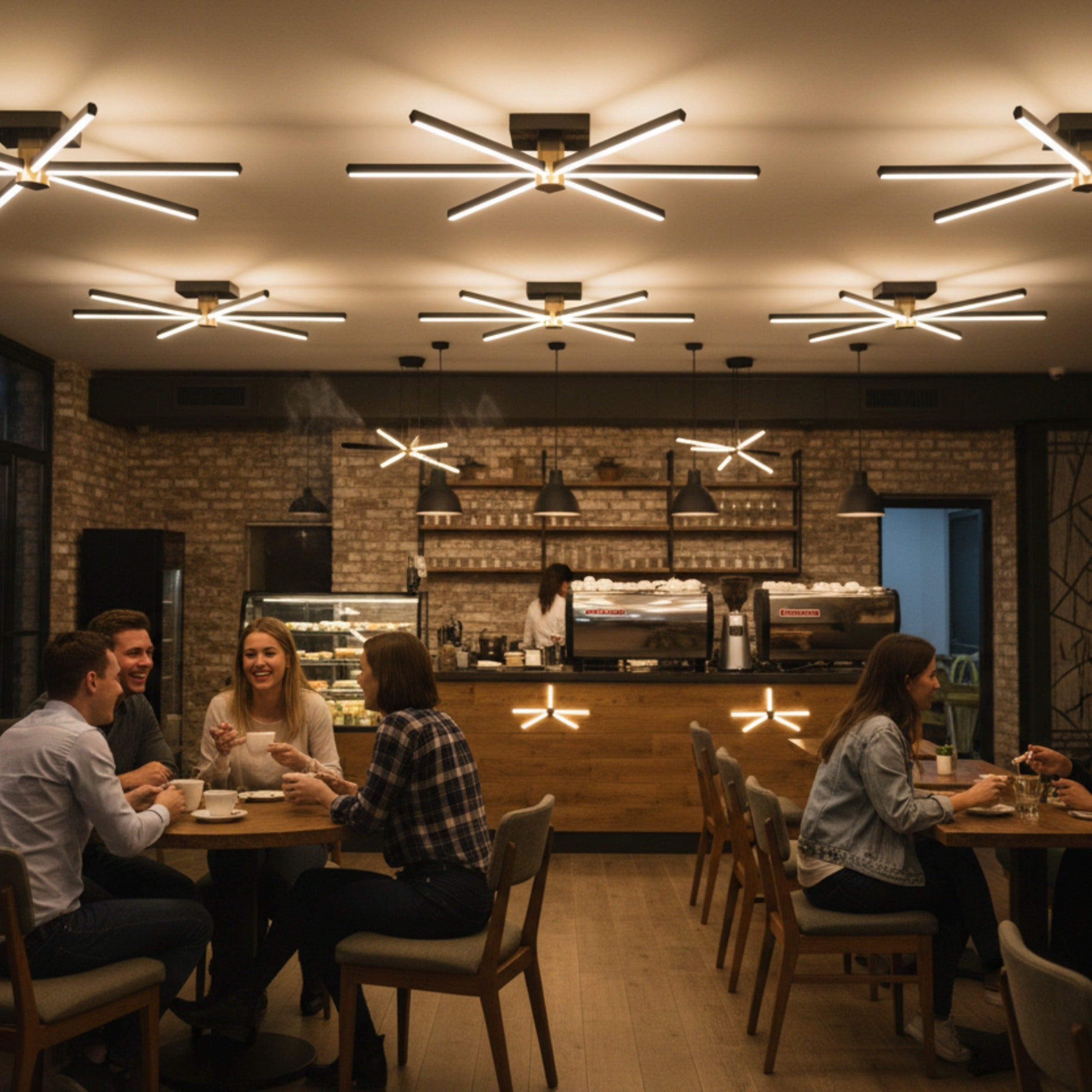 Şık bir cafe iç mekanında tavana monte edilmiş çoklu Nova Six yıldız formlu modern led aydınlatmalar.