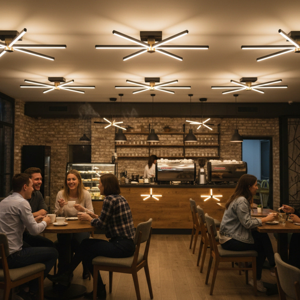 Şık bir cafe iç mekanında tavana monte edilmiş çoklu Nova Six yıldız formlu modern led aydınlatmalar.