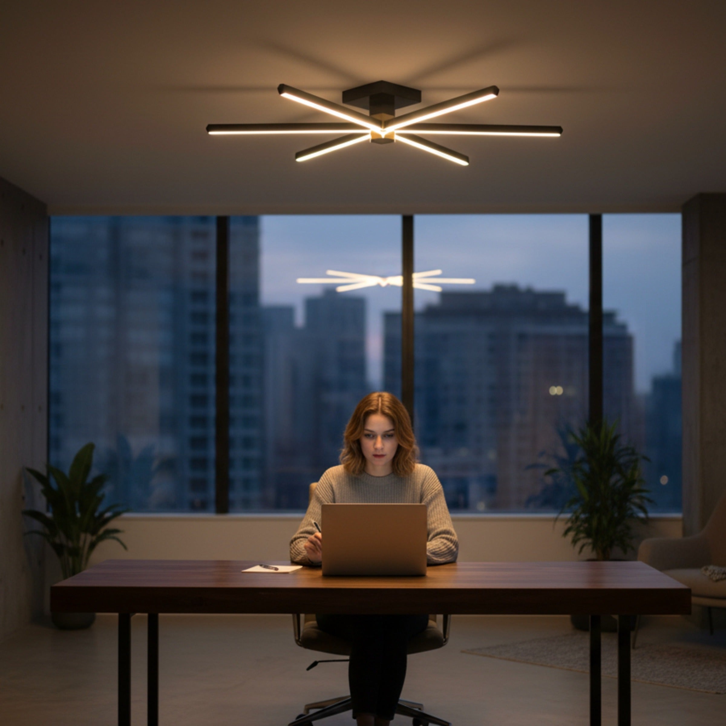 Gece vakti çalışma odasında bilgisayar başında odaklanan kadın ve tavanda şık Nova Six plafonyer aydınlatma.