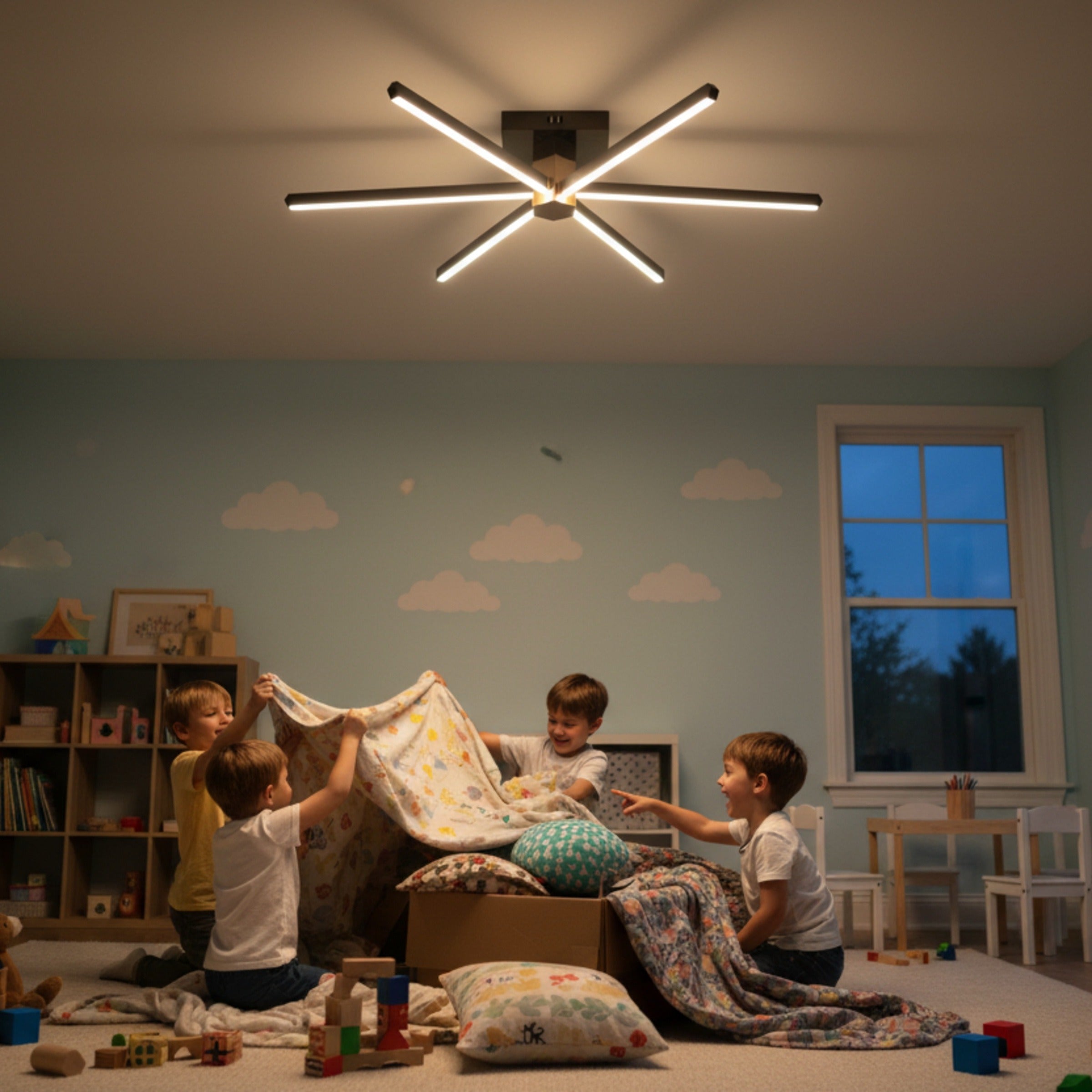 Nova Six plafonyer çocuk odasında oyun oynayan çocuklar için güvenli ve parlak yıldız ışığı sunuyor.