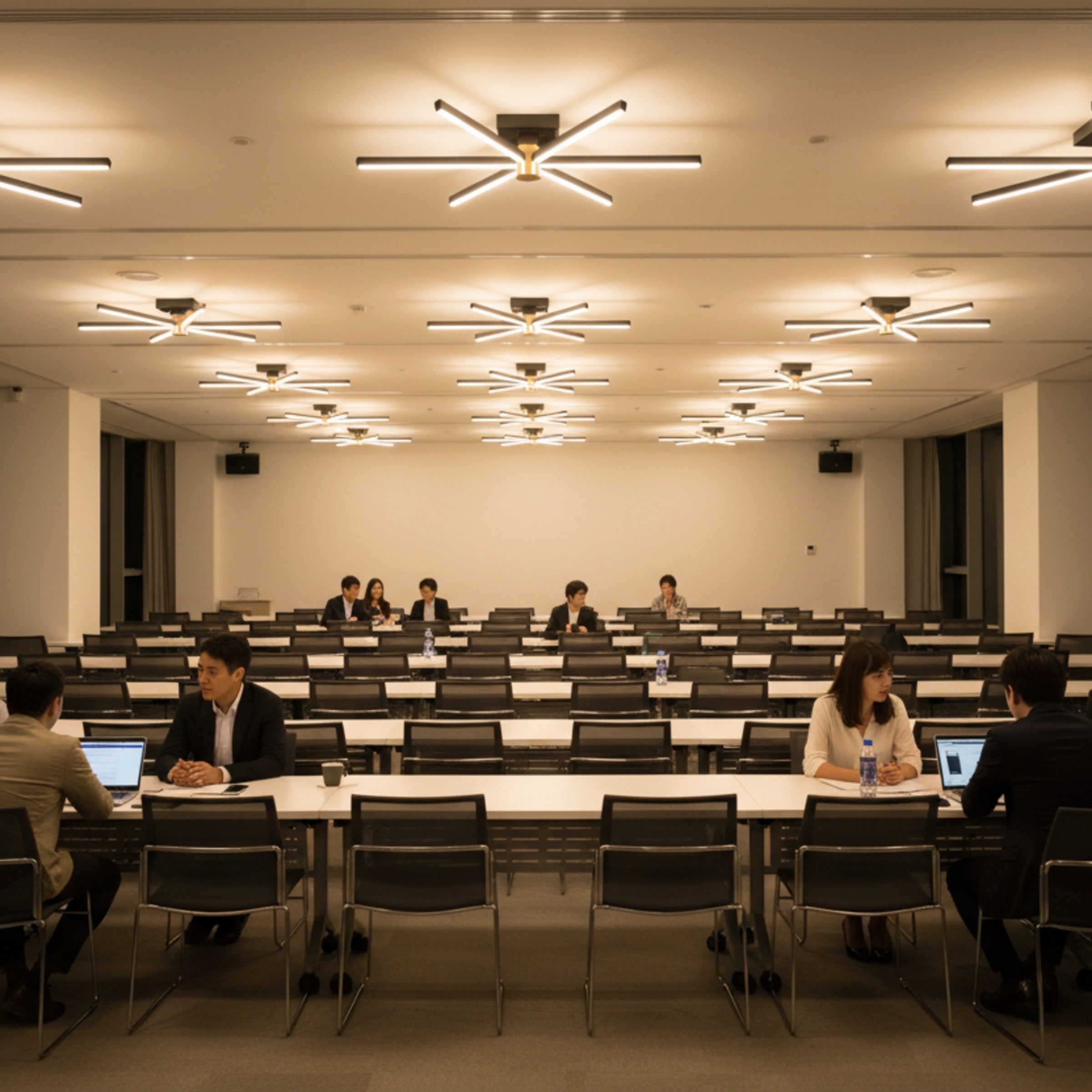 Geniş bir eğitim merkezi sınıfında tavanı kaplayan çoklu Nova Six modern plafonyer aydınlatmalar.