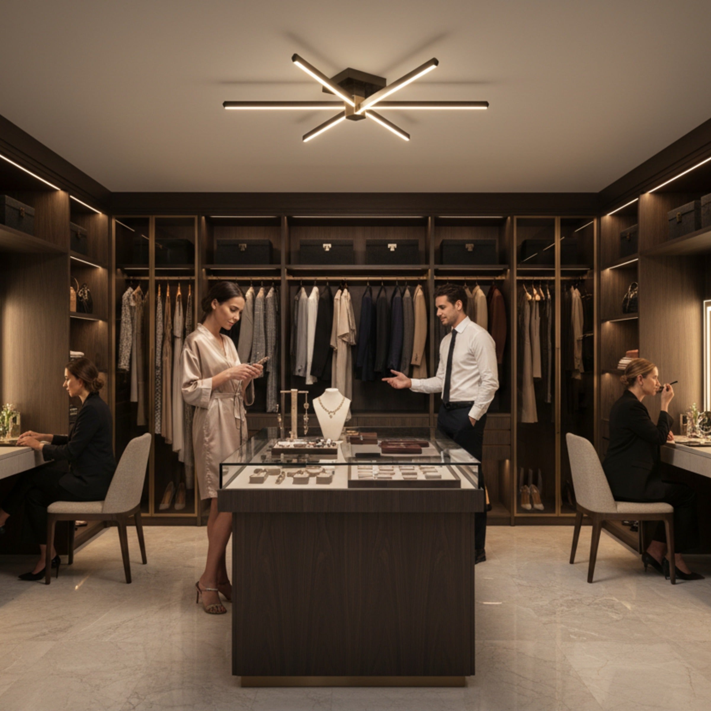 Lüks giyinme odası tavanında parlayan altı kollu Nova Six modern led plafonyer aydınlatma.