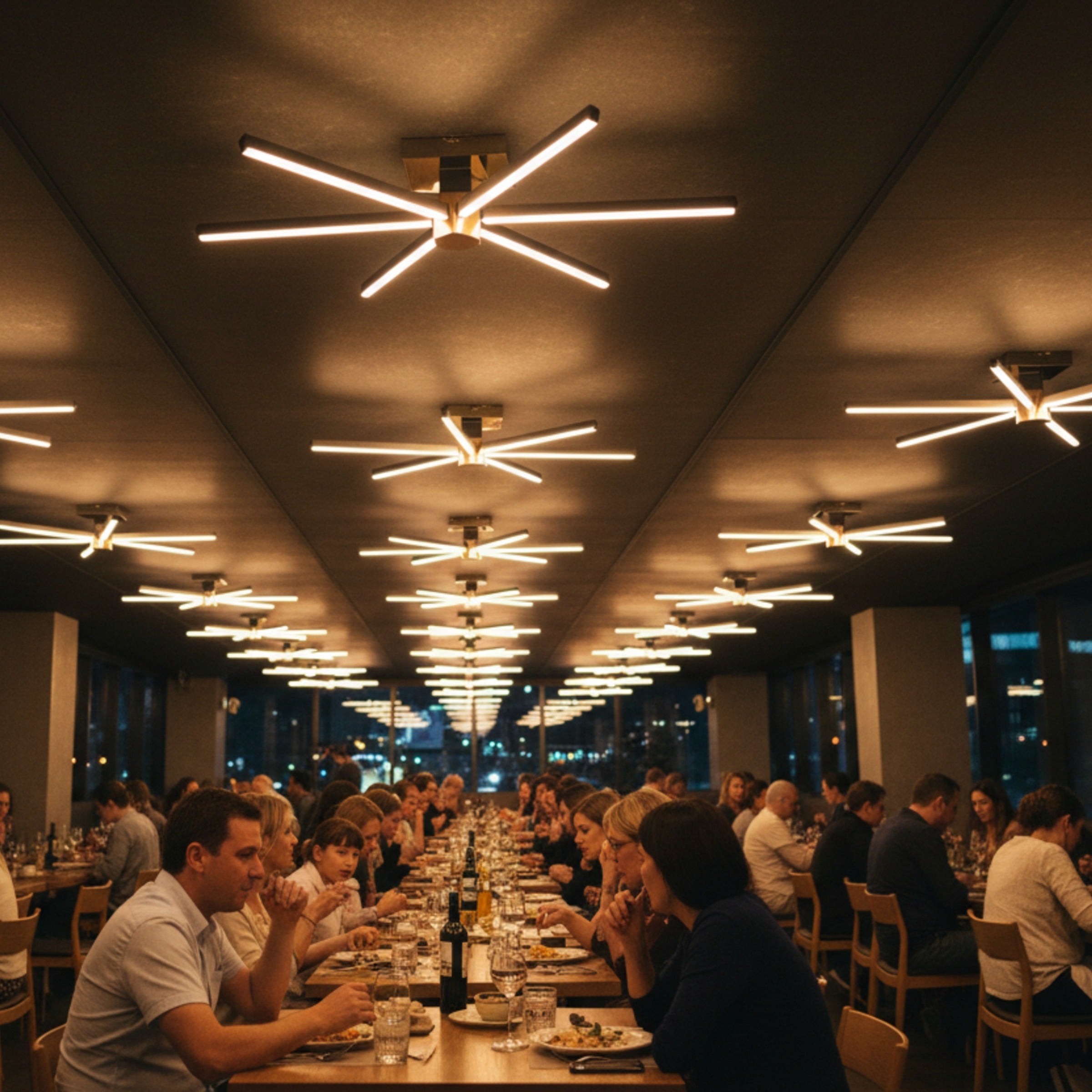 Geniş bir restoranda uzun yemek masası üzerinde sıralanmış Nova Six modern plafonyer aydınlatmalar.