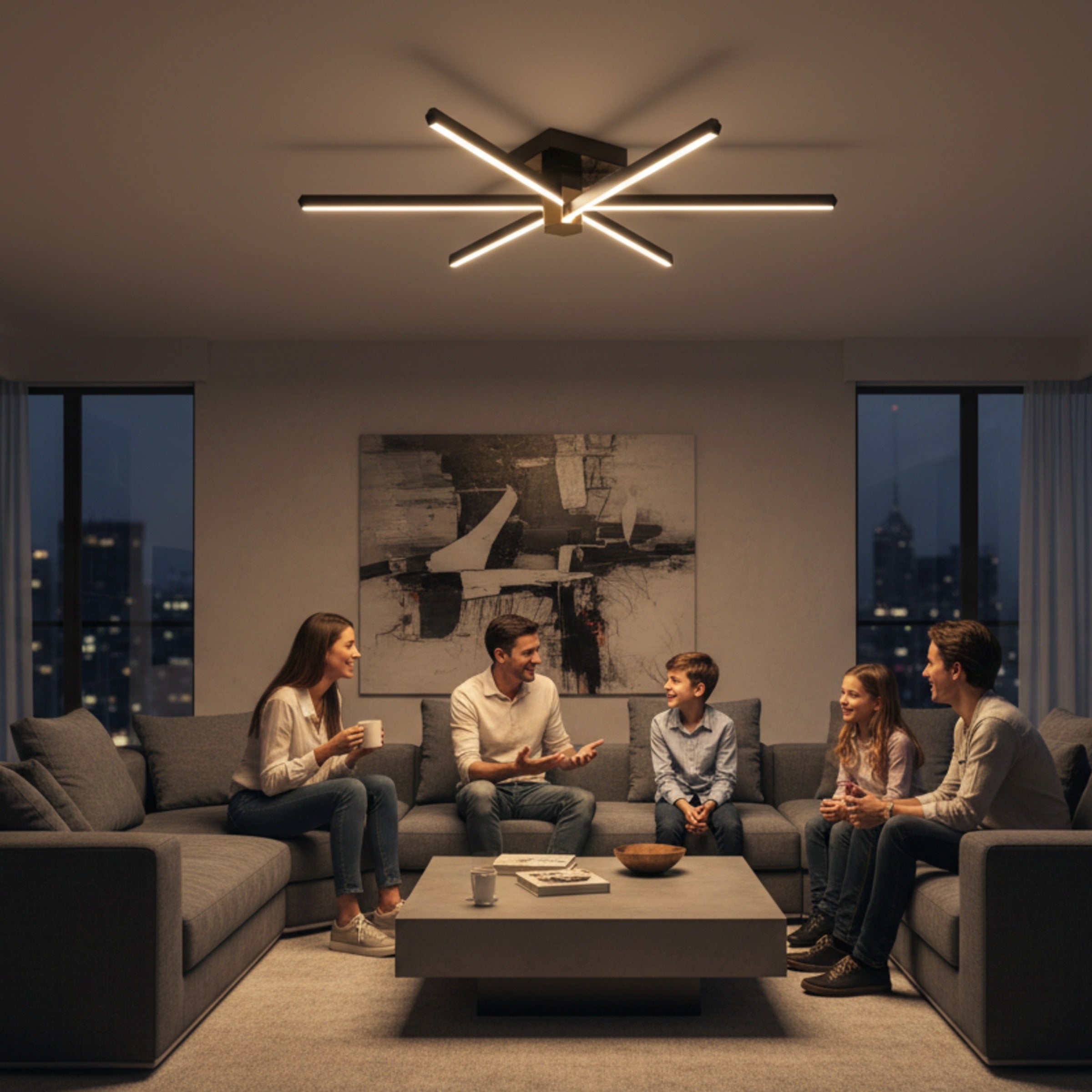 Modern salon dekorasyonunda Nova Six 6 kollu led plafonyer avize altında vakit geçiren mutlu bir aile