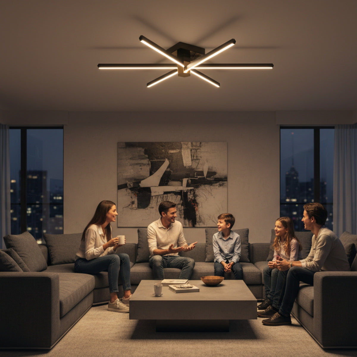 Modern salon dekorasyonunda Nova Six 6 kollu led plafonyer avize altında vakit geçiren mutlu bir aile