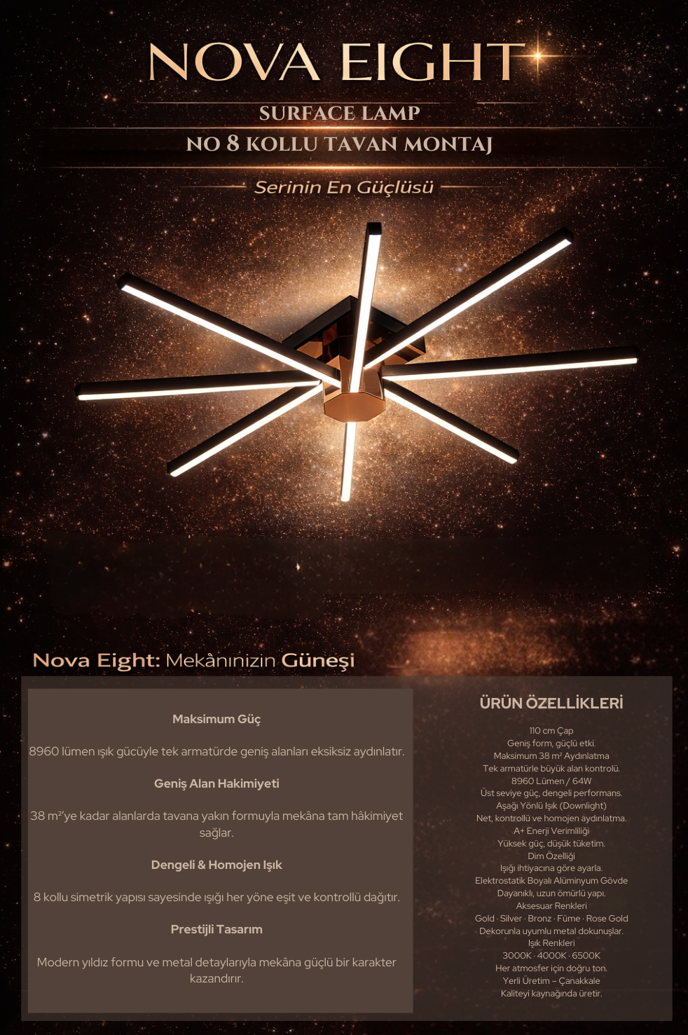 Enzo Light Nova Eight 8 Kollu Modern LED Plafonyer Tavan Avizesi - Yatak Odası Mimari Aydınlatma Tasarımı
