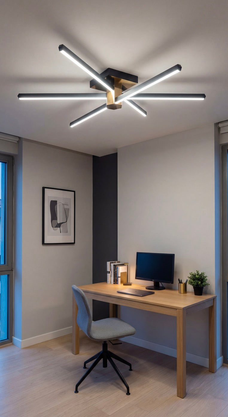 Minimalist çalışma alanı dekorasyonunda lüks aydınlatma sağlayan Nova Six siyah plafonyer.
