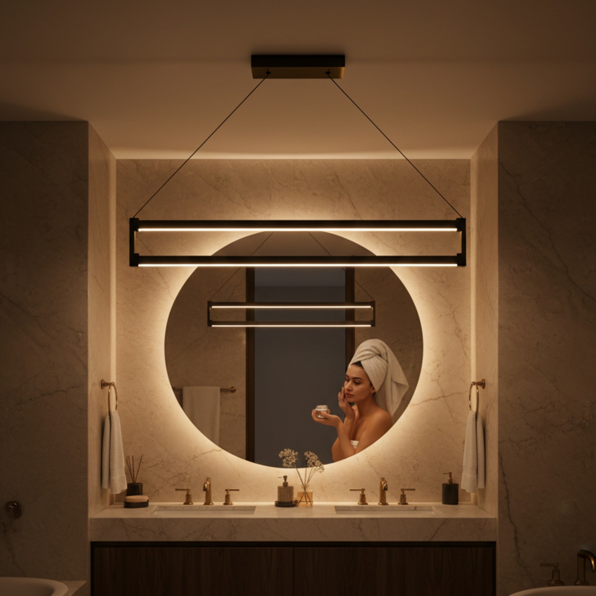Modern banyo dekorasyonunda yuvarlak ayna üzerinde konumlandırılmış şık Orion lineer led sarkıt
