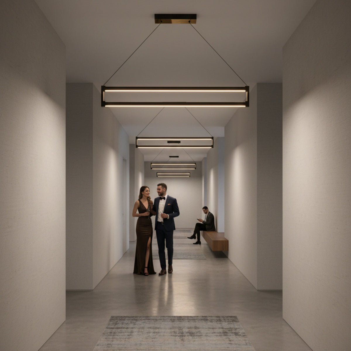 Lüks bir otel koridorunda sıralanmış birden fazla Orion lineer led sarkıt avize ile yaratılan mimari aydınlatma