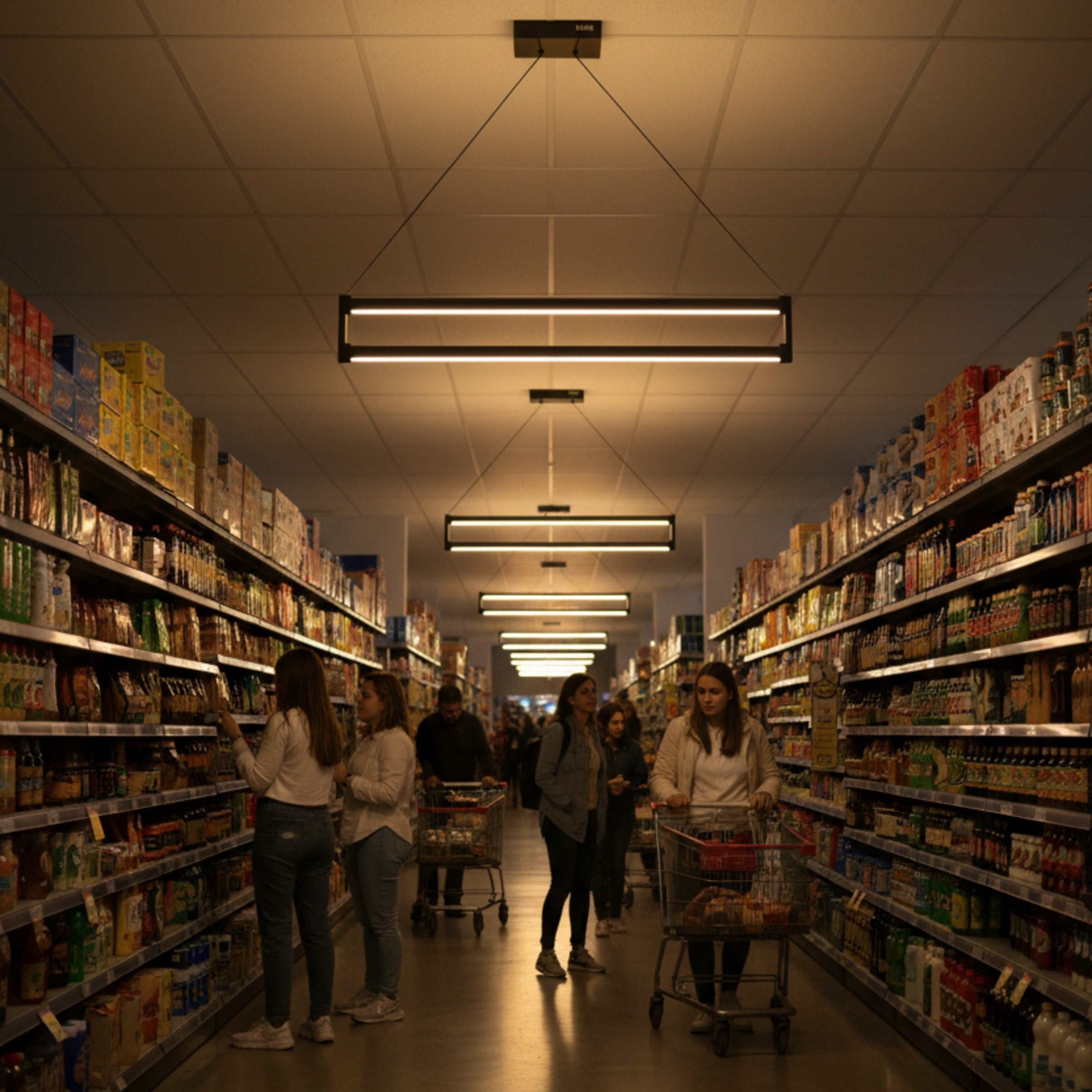 Modern süpermarket koridorlarında ürünleri vurgulayan Orion çift profilli led aydınlatma armatürü
