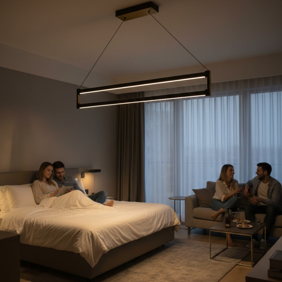 Lüks otel odası dekorasyonunda yatak ucu aydınlatması olarak tercih edilen Orion siyah avize