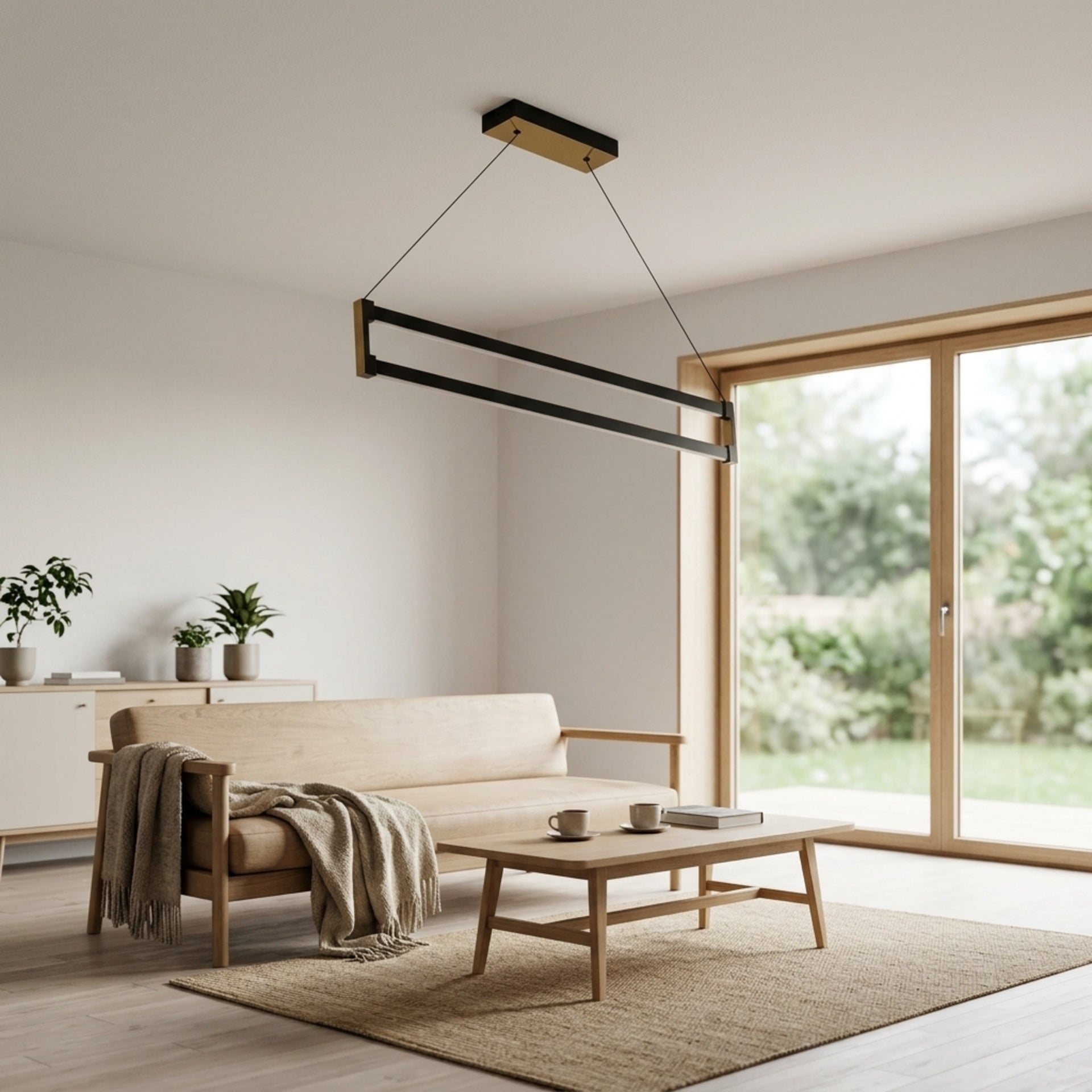 EnzoLight Orion Down Lineer LED Sarkıt Avize - Lüks Salon ve Oturma Odası İskandinav Sade Çizgilerle Gündüz Doğal Gün Işığında Tavana Montaj Görünümü
