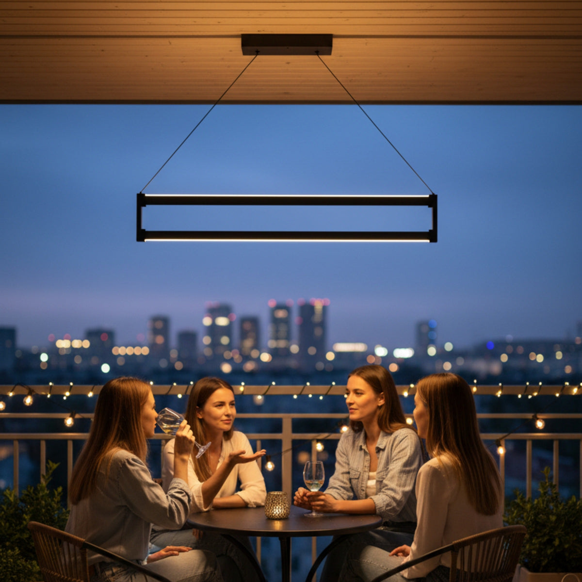 Gece balkon keyfinde dört kadının üzerinde asılı duran Orion modern lineer LED sarkıt avize