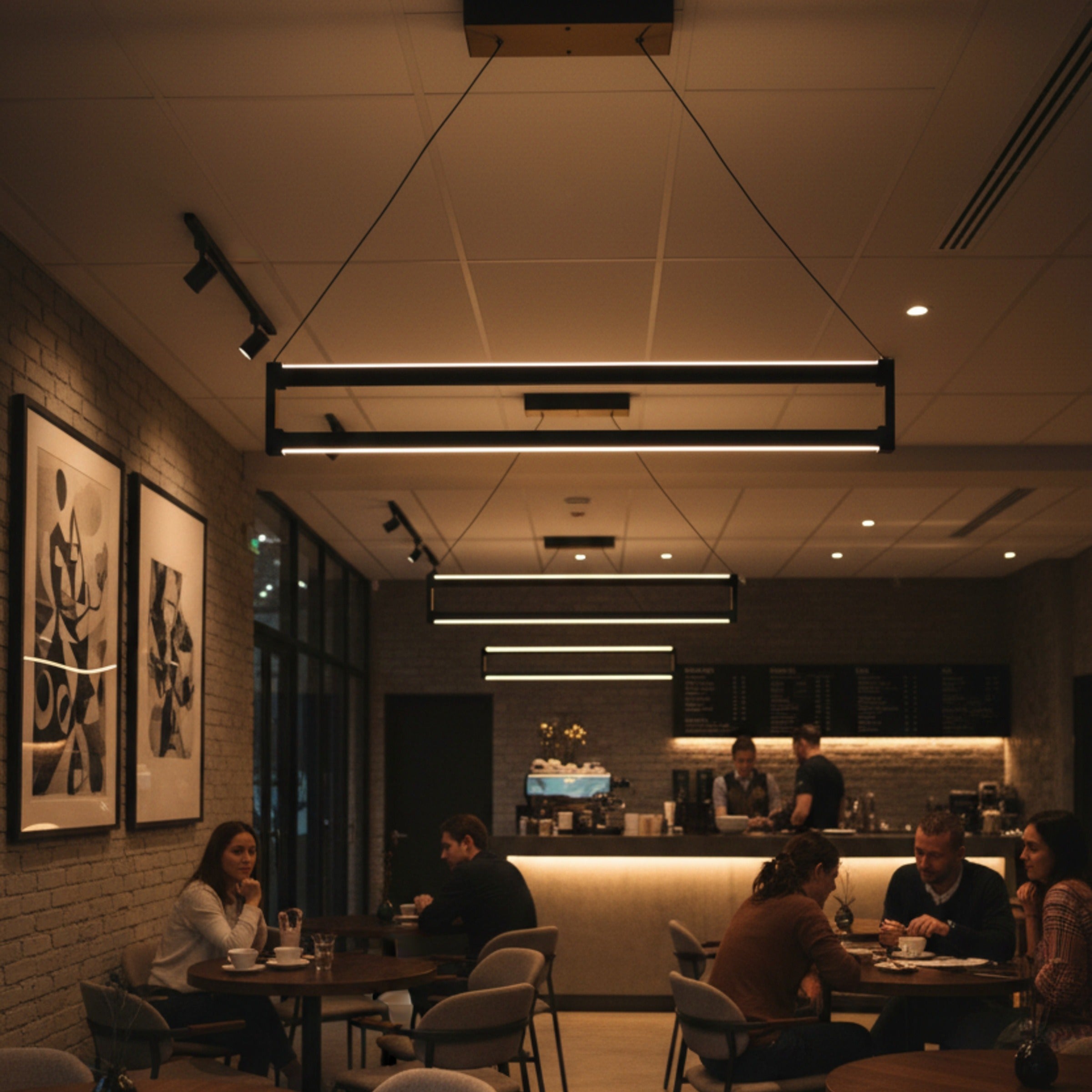 Modern bir bistro kafede masalar üzerinde konumlandırılmış Orion siyah lineer sarkıt aydınlatma sistemleri