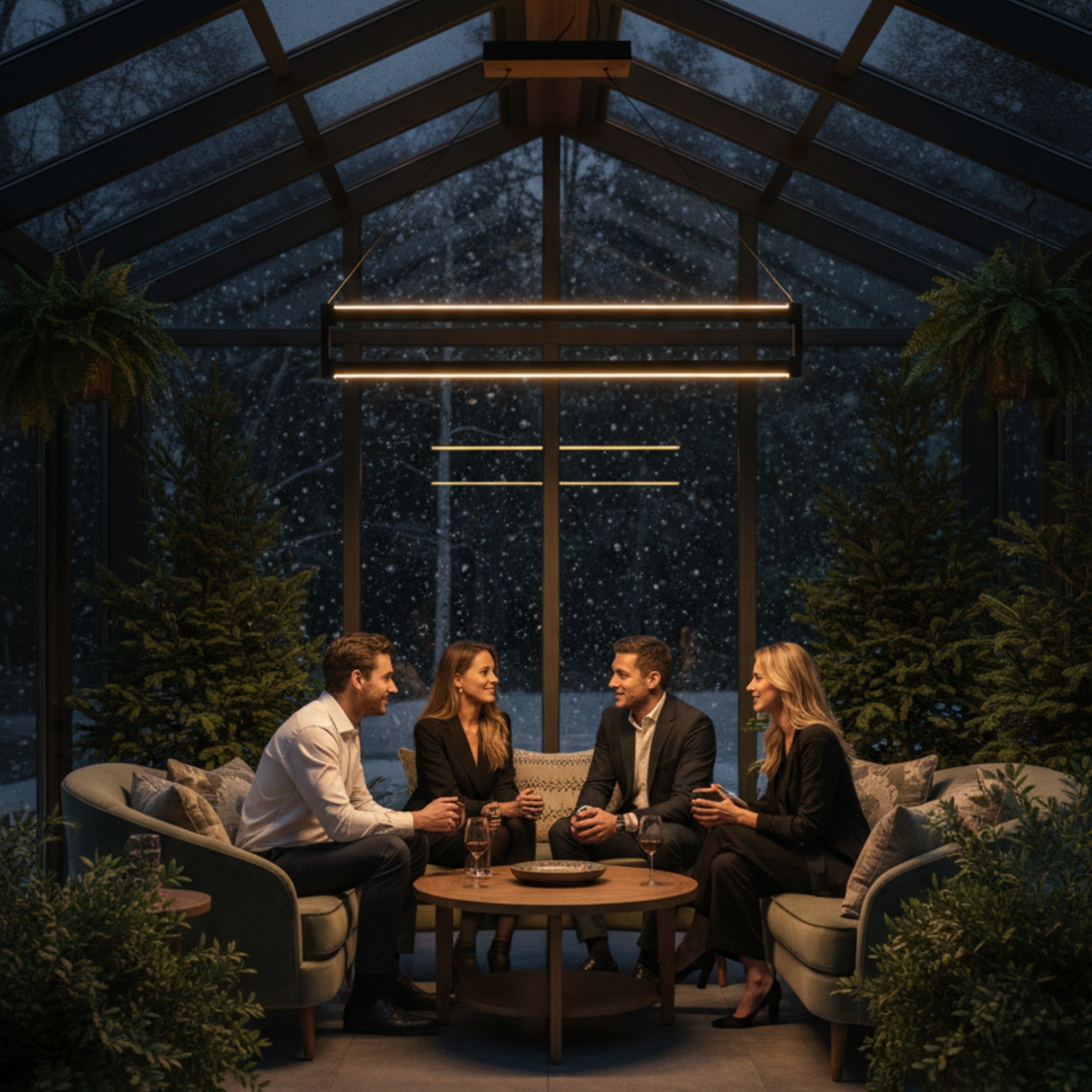 Karlı bir akşamda modern kış bahçesinde sohbet eden arkadaşlar için Orion lineer LED sarkıt aydınlatma.
