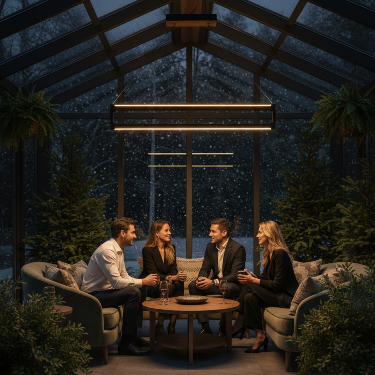 Karlı bir akşamda modern kış bahçesinde sohbet eden arkadaşlar için Orion lineer LED sarkıt aydınlatma.