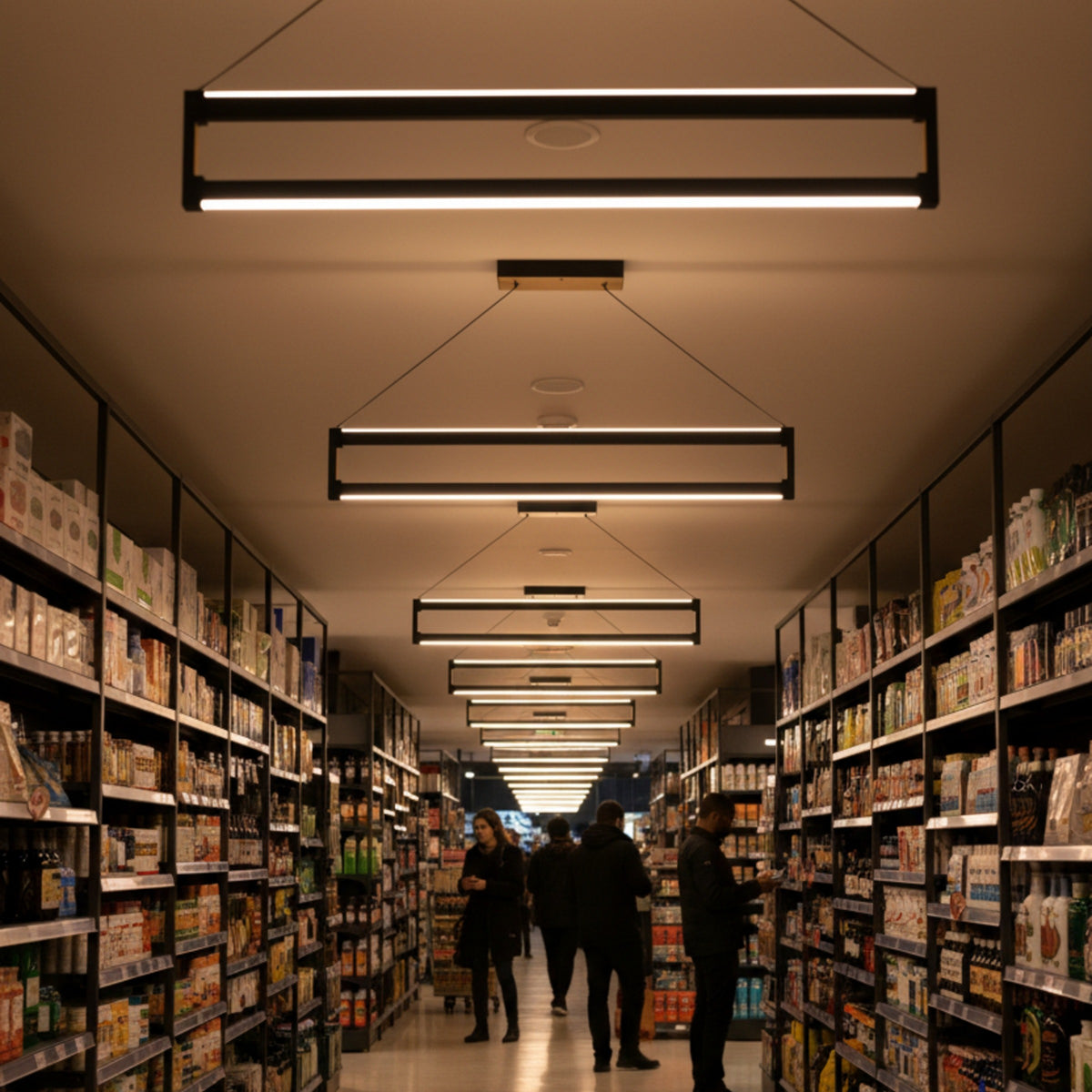 Market koridoru rafları arasında hizada asılı Orion modern lineer LED sarkıt avizelerle homojen aydınlatma.