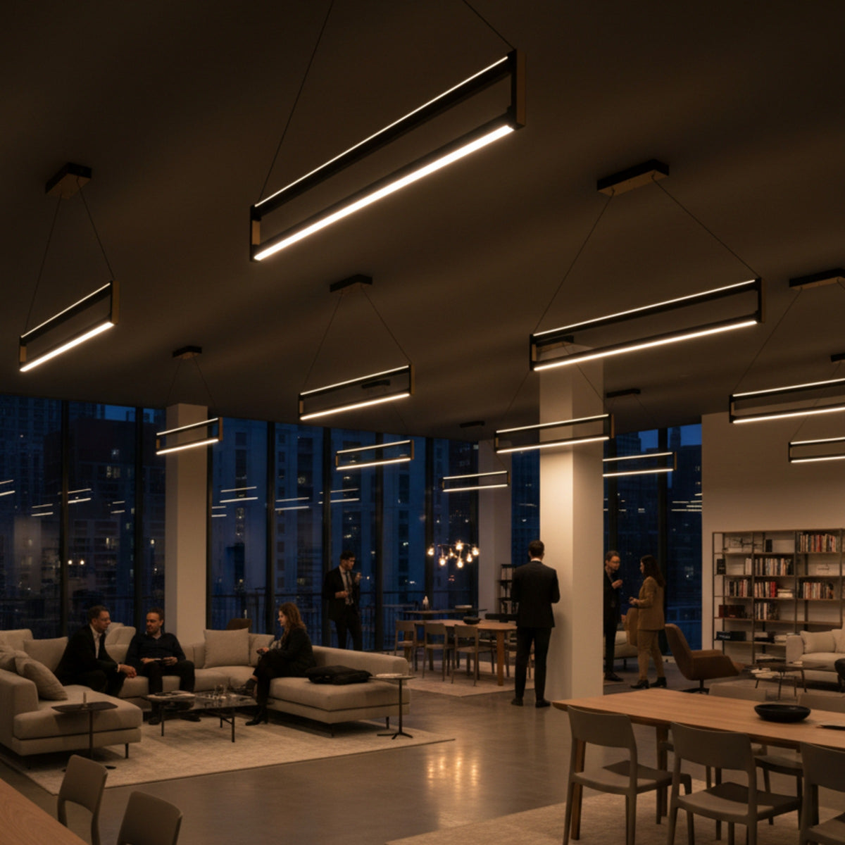 Geniş showroom bekleme alanında çoklu Orion modern lineer led sarkıt avize kullanımı.