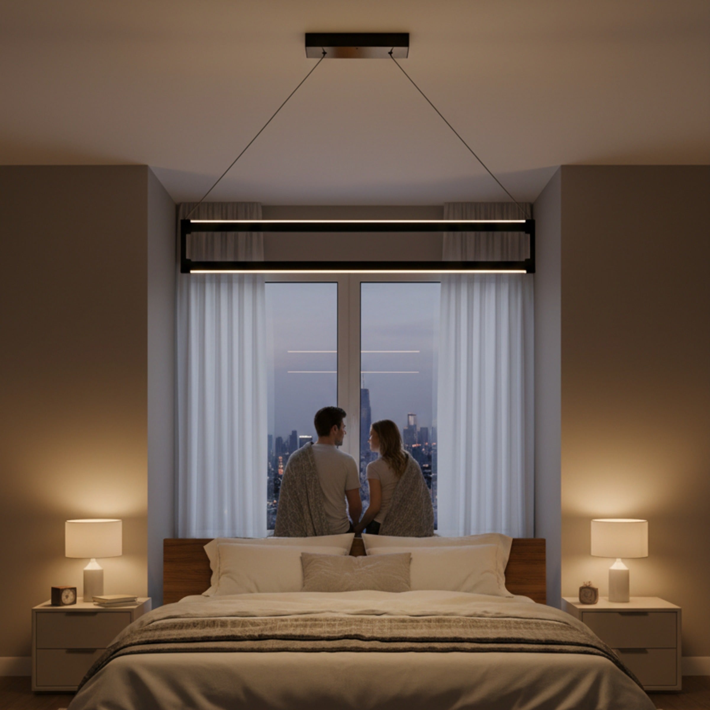 Orion modern lineer led sarkıt avize altında şehir manzaralı yatak odasında huzurlu anlar yaşayan çift.