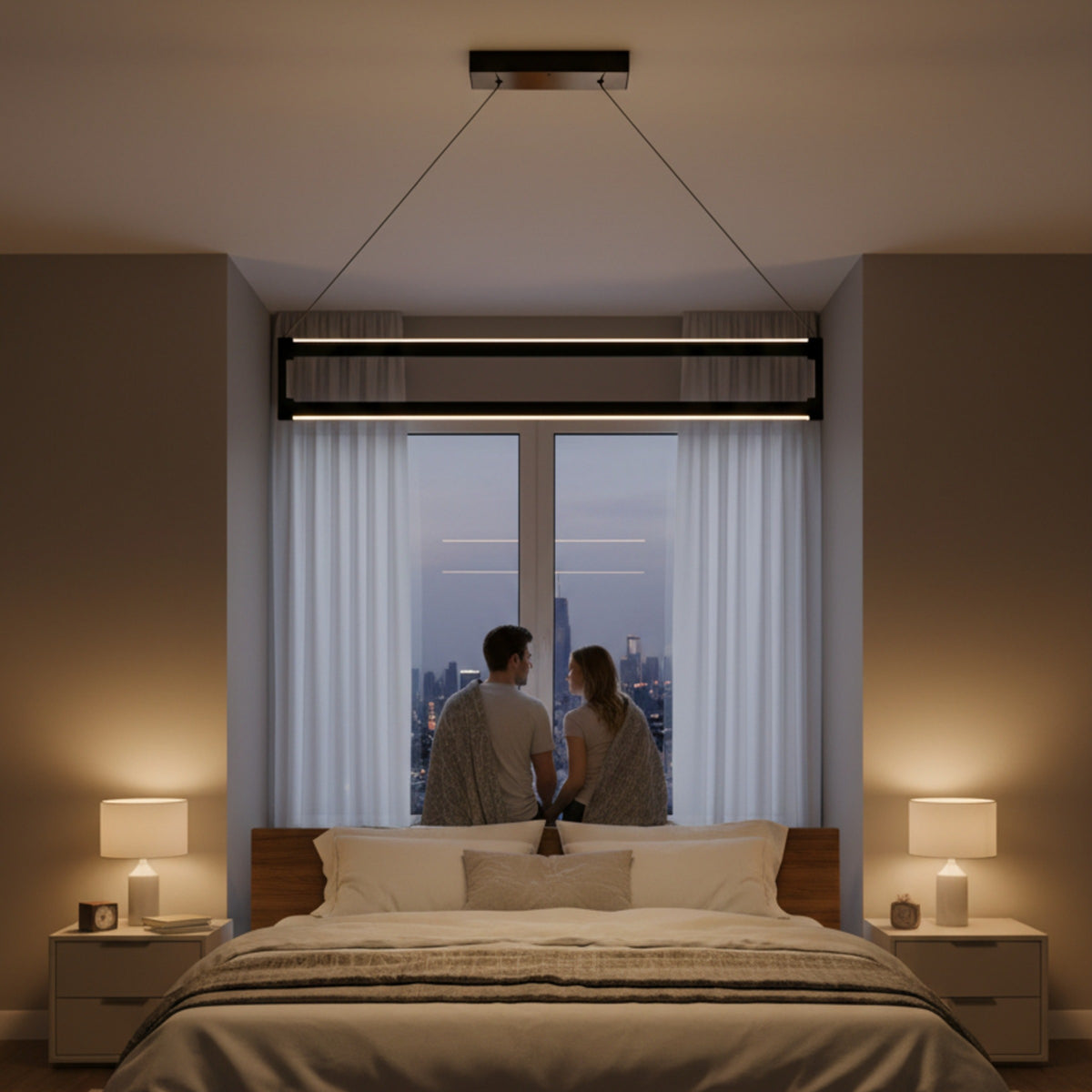 Orion modern lineer led sarkıt avize altında şehir manzaralı yatak odasında huzurlu anlar yaşayan çift.