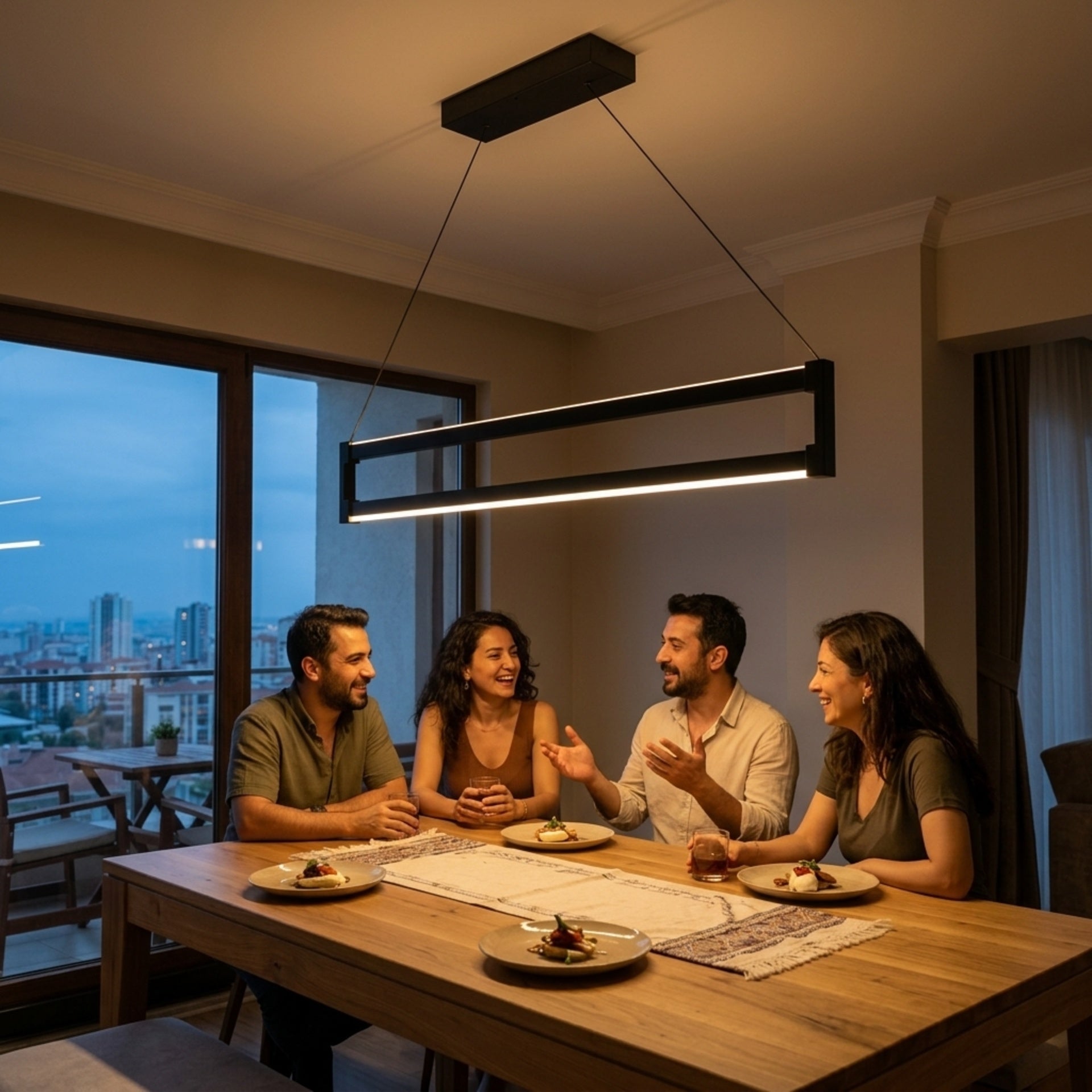 EnzoLight Orion Up&Down Lineer LED Sarkıt Avize - Kapalı Balkon ve Teras Çağdaş İç Mimari Tasarımında Akşam Açık Işıkla Homojen Sıcak Aydınlatma Ambiyansı