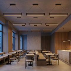 EnzoLight Orion Up&Down Lineer LED Sarkıt Avize - Cafe, Bar ve Restoran Masası Perspektif Mimari Yerleşiminde Akşam Açık Işıkla Homojen Sıcak Aydınlatma Ambiyansı