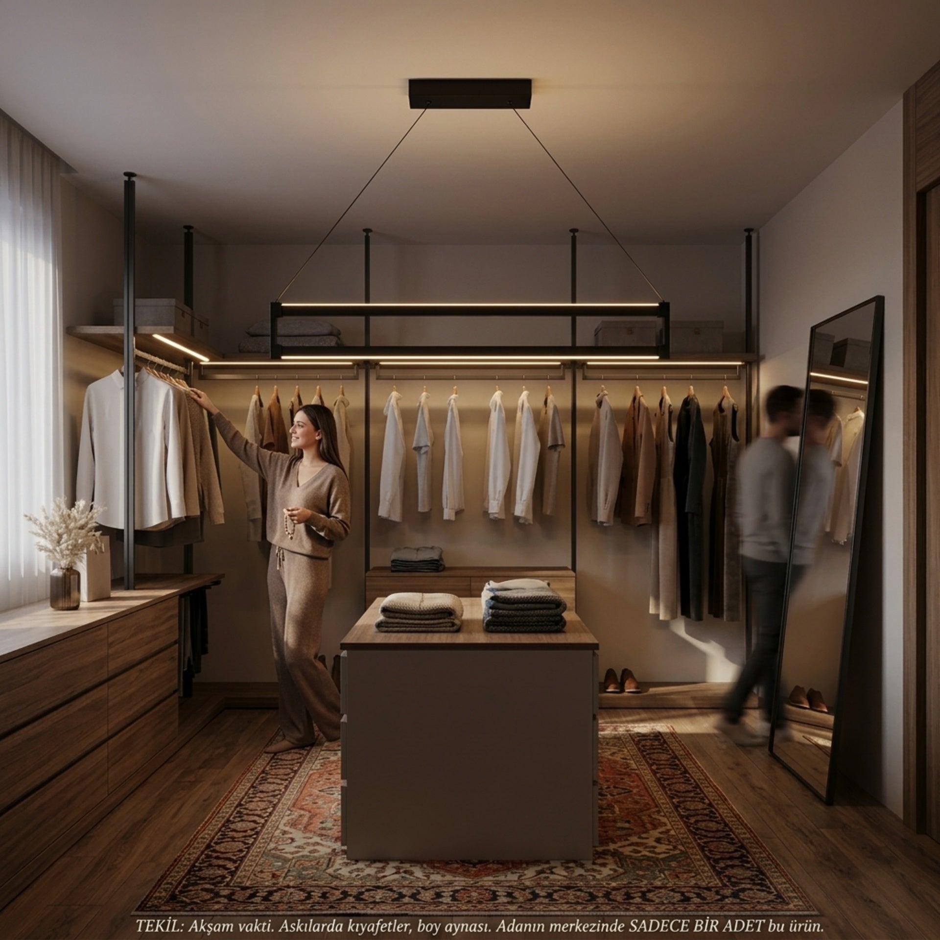 EnzoLight Orion Up&Down Lineer LED Sarkıt Avize - Giyinme Odası ve Gardırop Alanı Çağdaş İç Mimari Tasarımında Akşam Açık Işıkla Homojen Sıcak Aydınlatma Ambiyansı