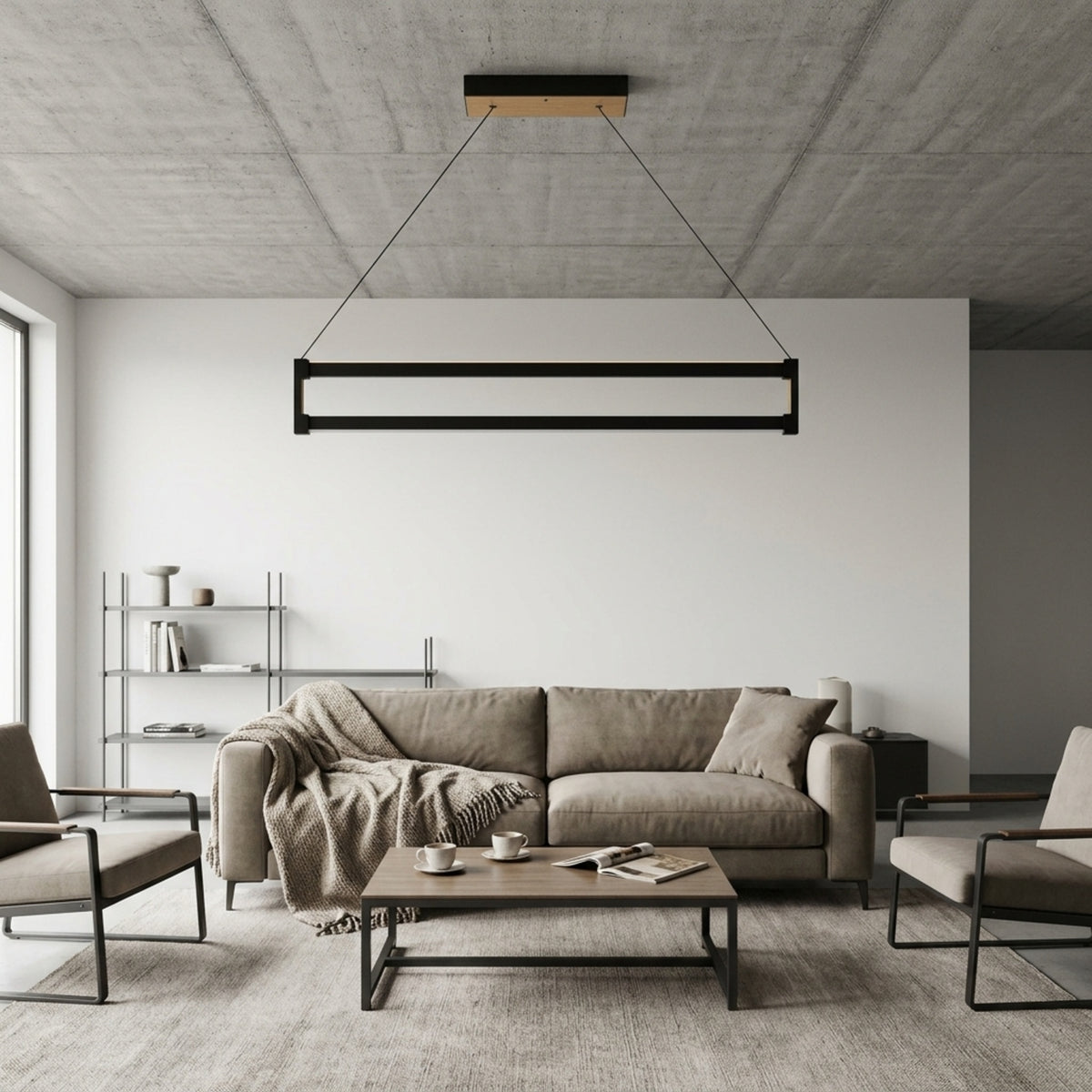 EnzoLight Orion Up&Down Lineer LED Sarkıt Avize - Lüks Salon ve Oturma Odası Modern Mimari Çizgilerle Gündüz Doğal Gün Işığında Tavana Montaj Görünümü